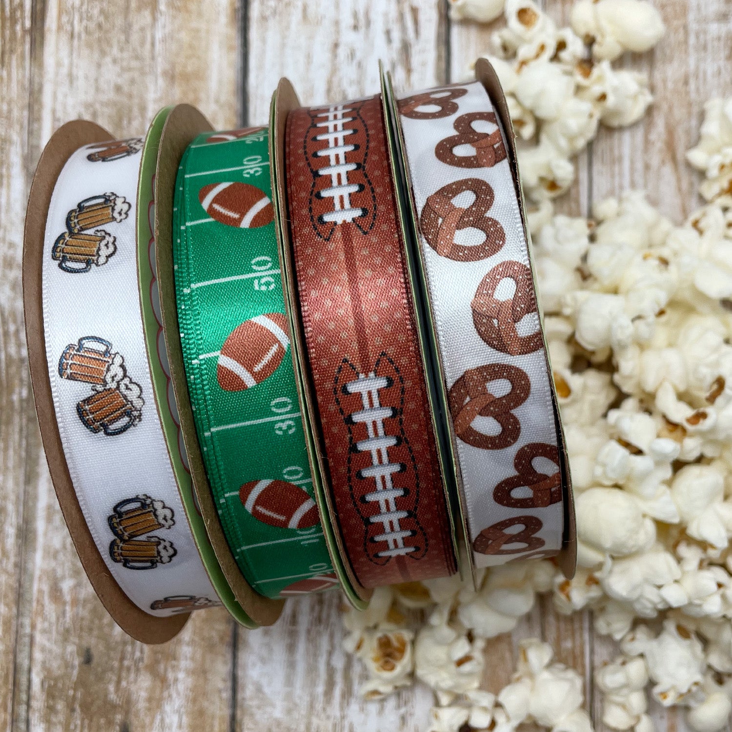 Mix and match or football ribbons with pretzels and beer for the big game decor! 
