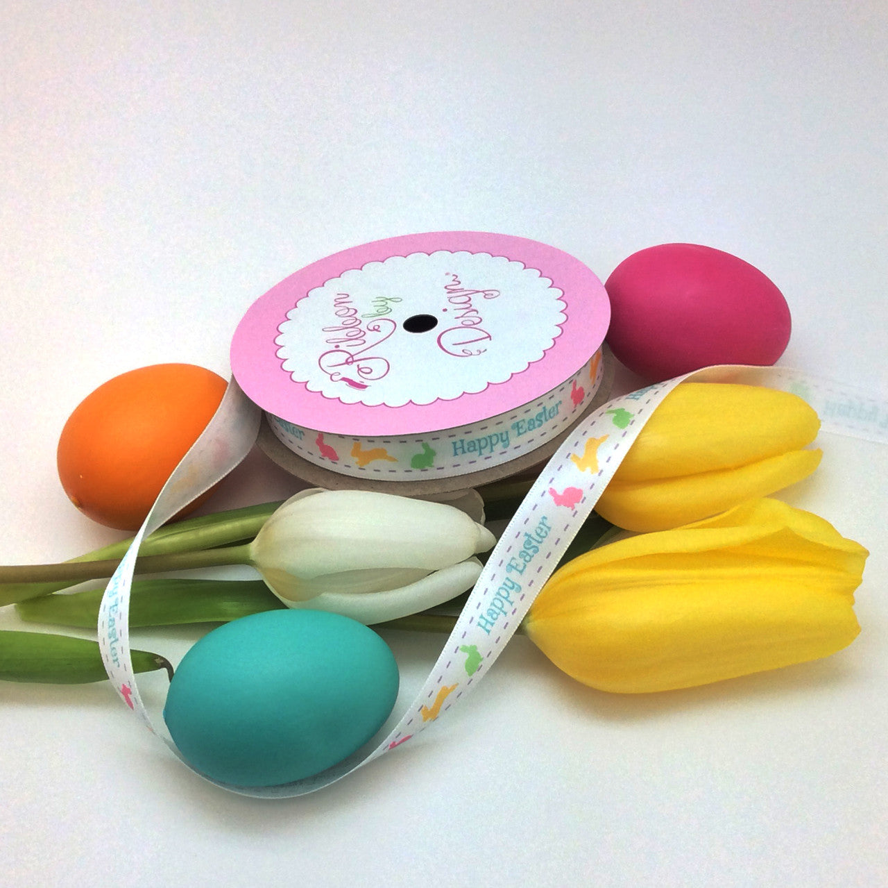 Happy Easter Ribbon with hopping bunnies printed on 5/8" white single face satin