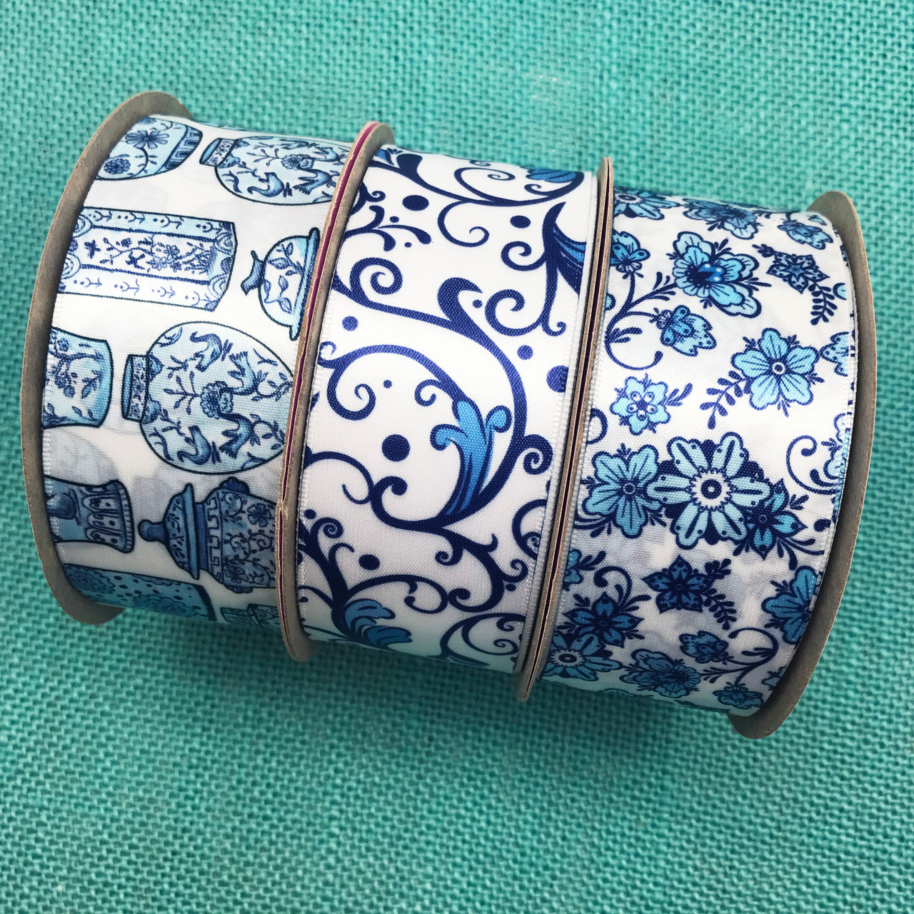 Chinoiserie Ginger jar filigree design ribbon in blue and white printed on 1.5" white single face satin
