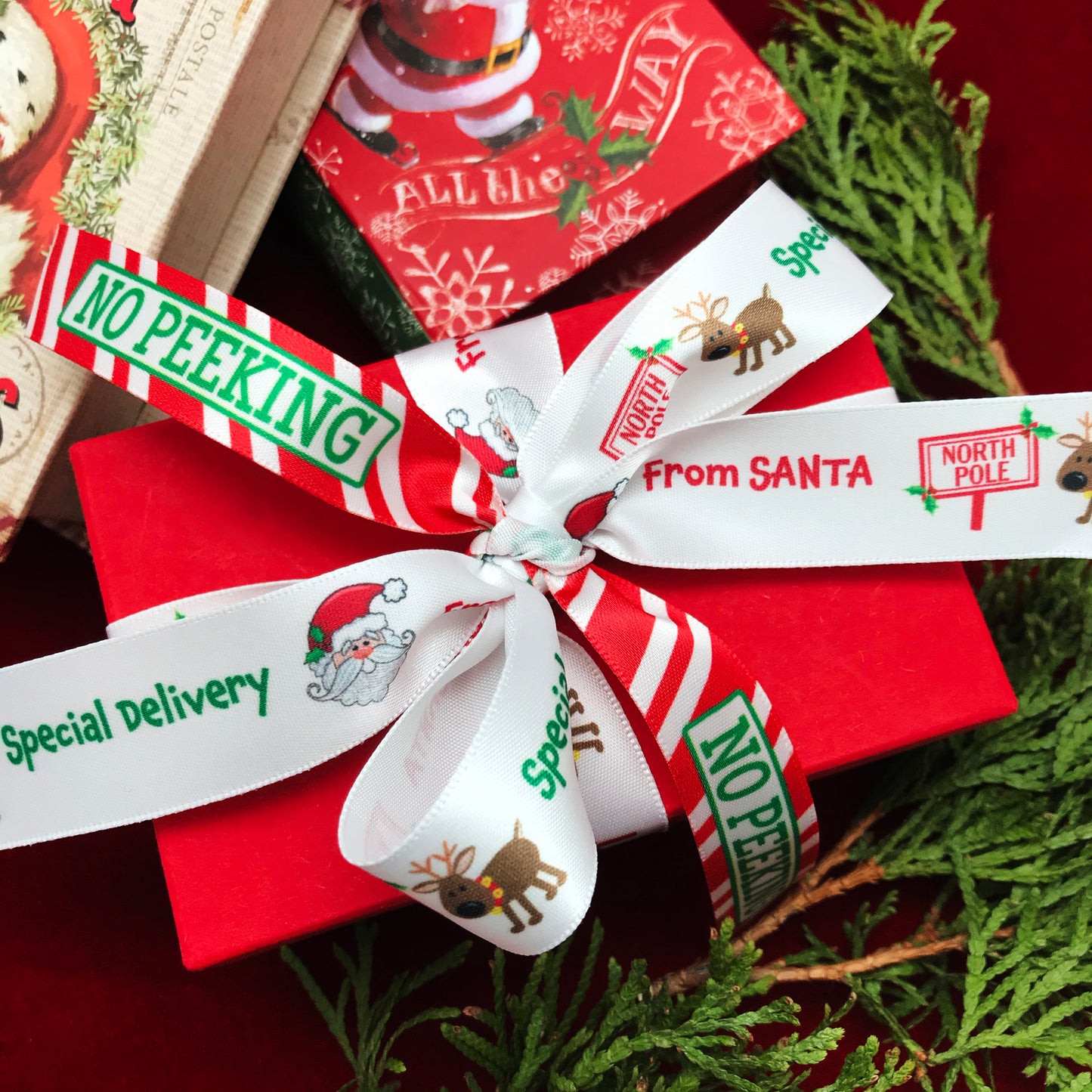 No Peeking! Christmas Ribbon in green with red and white stripes printed on 5/8" White SFS