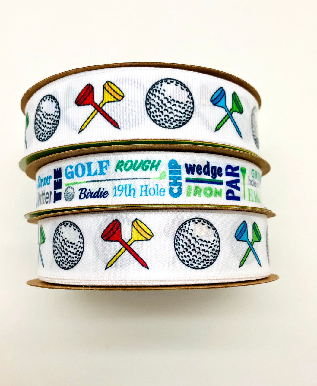 Golf balls ribbon with tees in red yellow green and blue printed on  white  7/8" and 1.5"  grosgrain