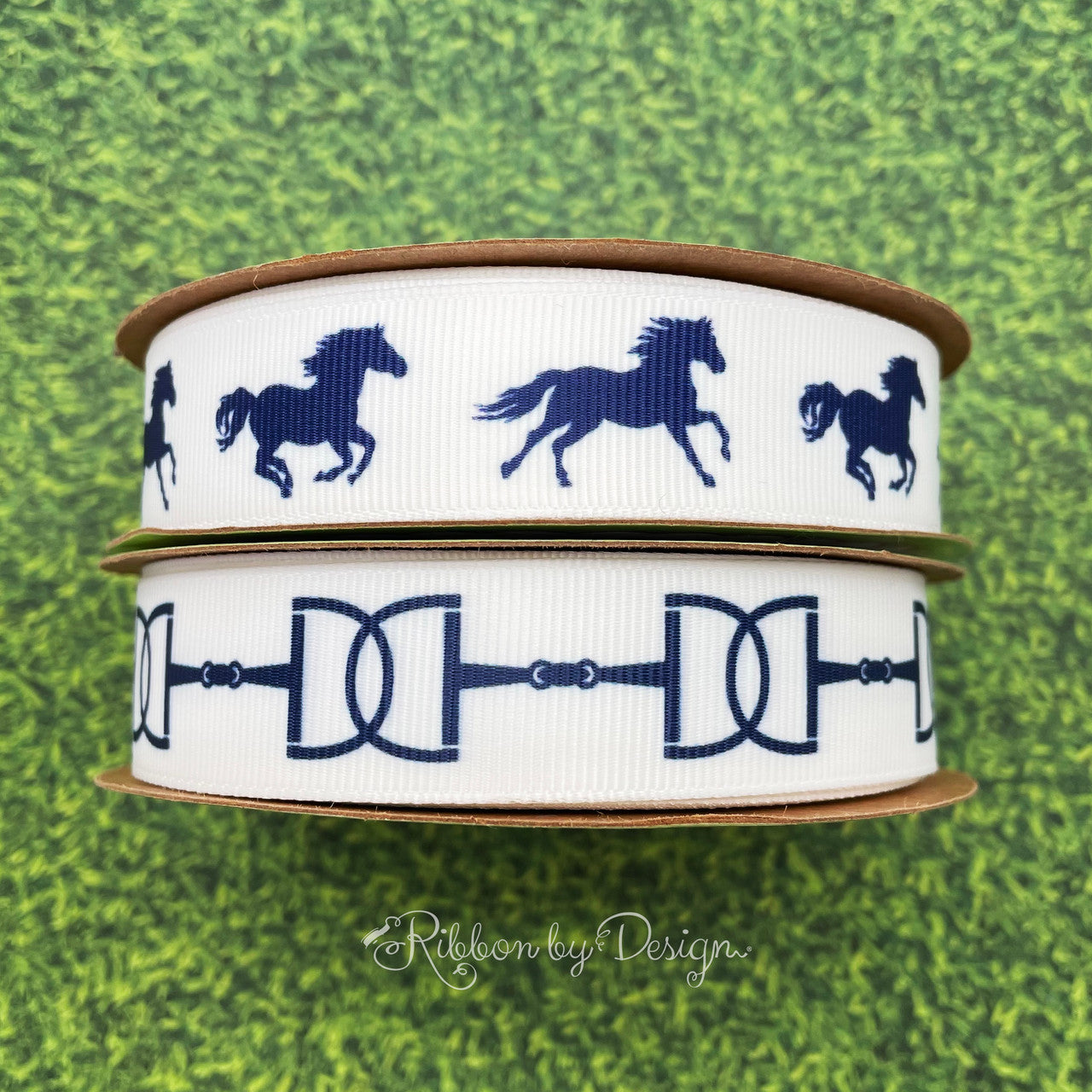 Snaffle bit ribbon with black or navy bits printed on 7/8"white or pink  single grosgrain