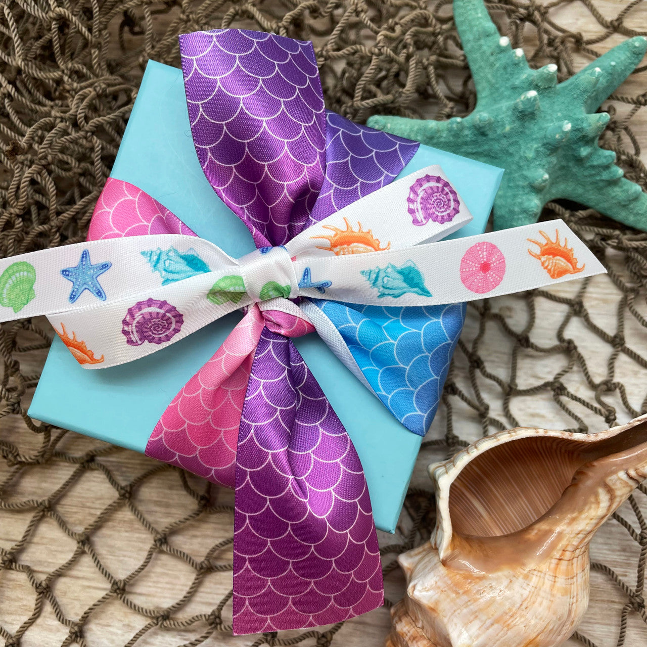 Mermaid ribbon fish scales in blue to pink ombre  printed on 1.5" white satin