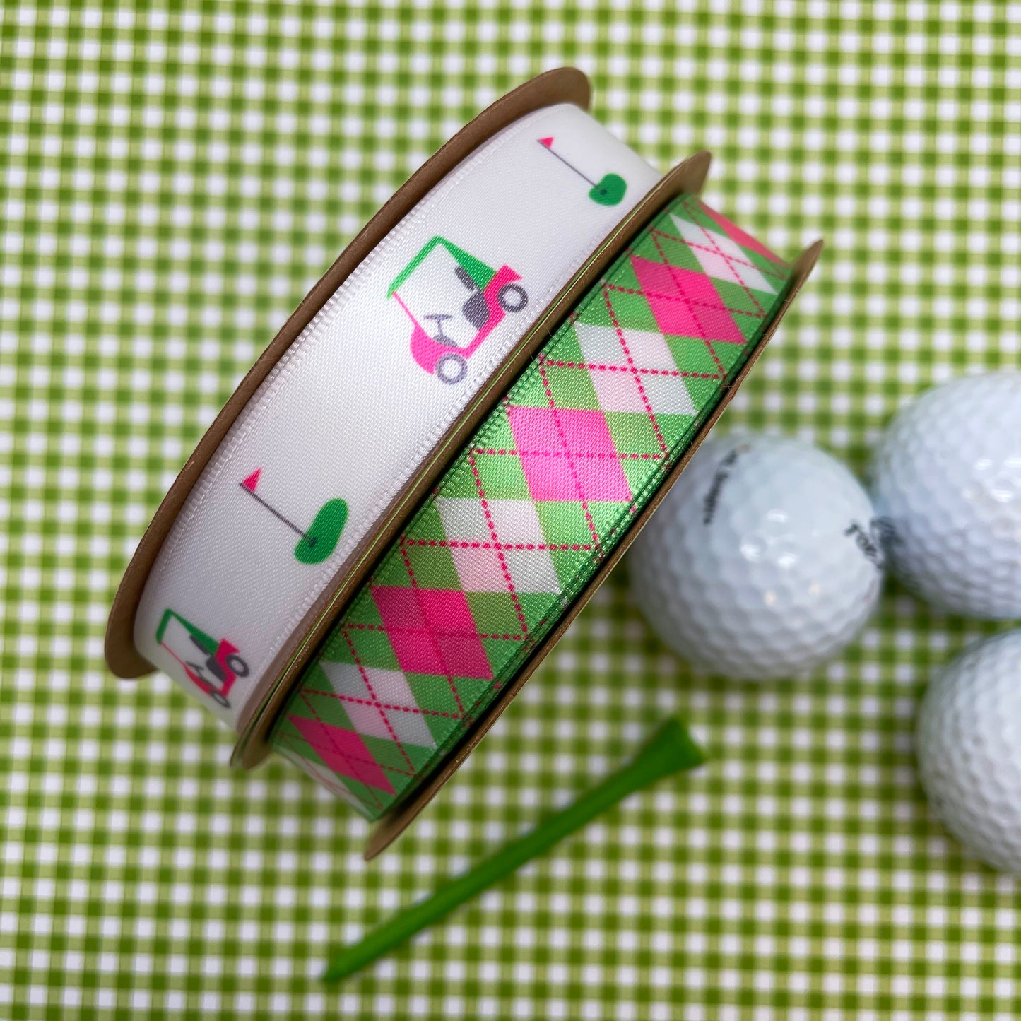 Argyle Ribbon in Pink and Green on 5/8" and 7/8" Single Face Satin Ribbon