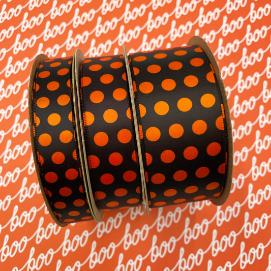Orange Polka Dot ribbon on  orange on black for Halloween treats  printed on 5/8", 7/8" and 1.5"  orange satin