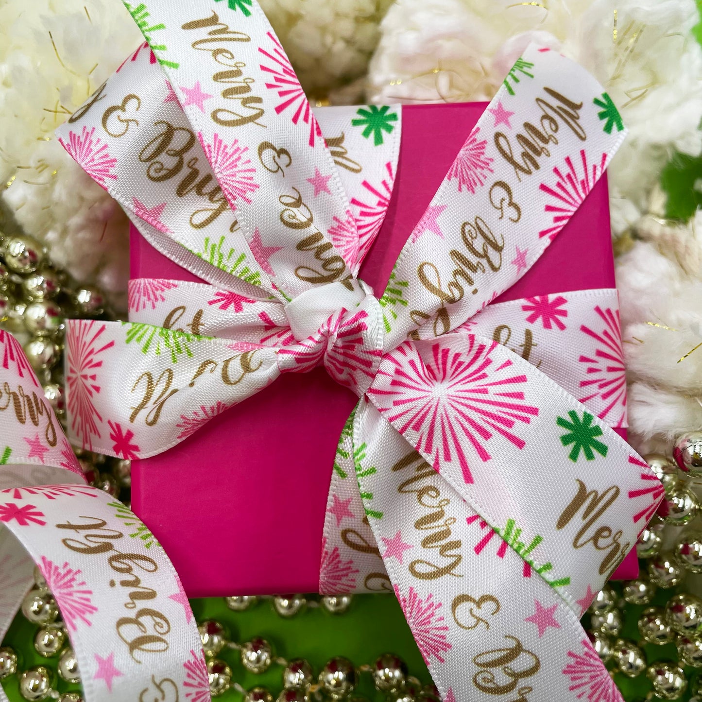 Merry and Bright  Holiday ribbon in silver and gold or pink and green with vintage sun bursts printed on 7/8" white single face satin ribbon