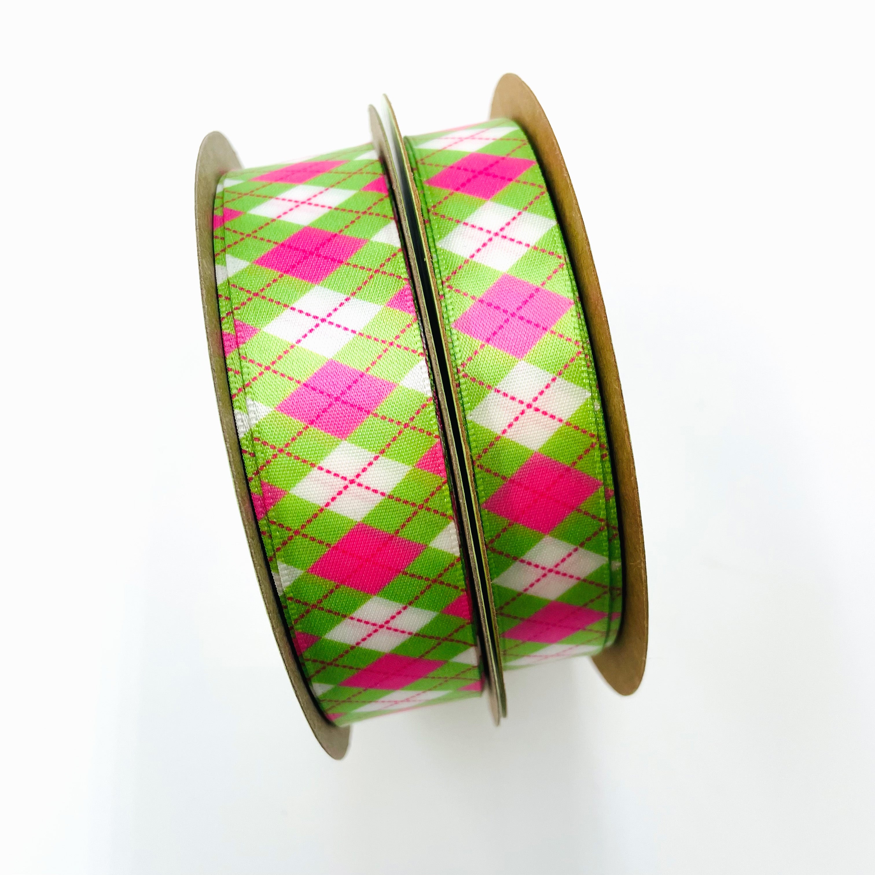 Pink and Green tropical print on 5/8 white single face satin ribbon, 10  yards