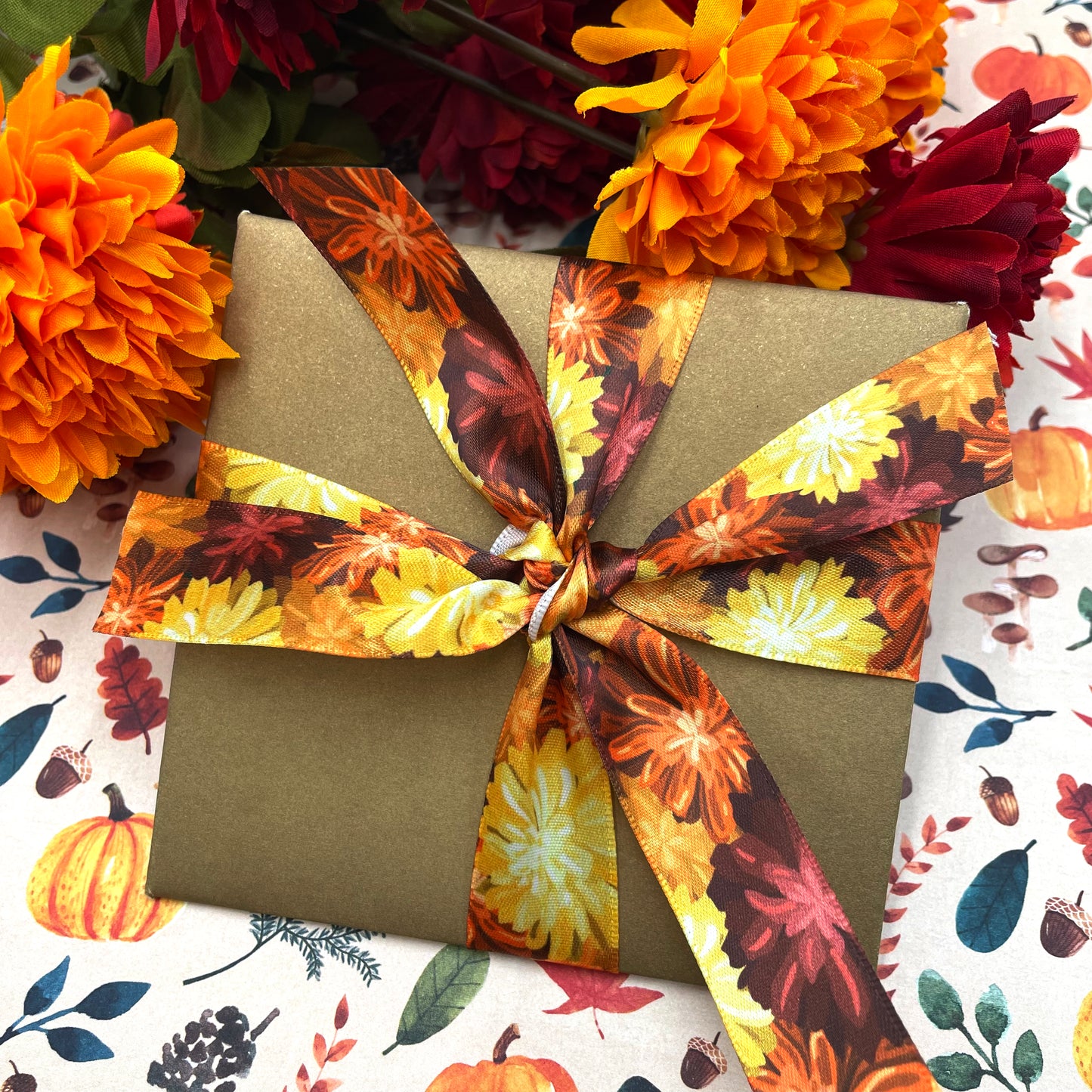 Fall Floral ribbon Mum blossoms for Fall decor and Thanksgiving printed on 7/8" and 1.5" white satin