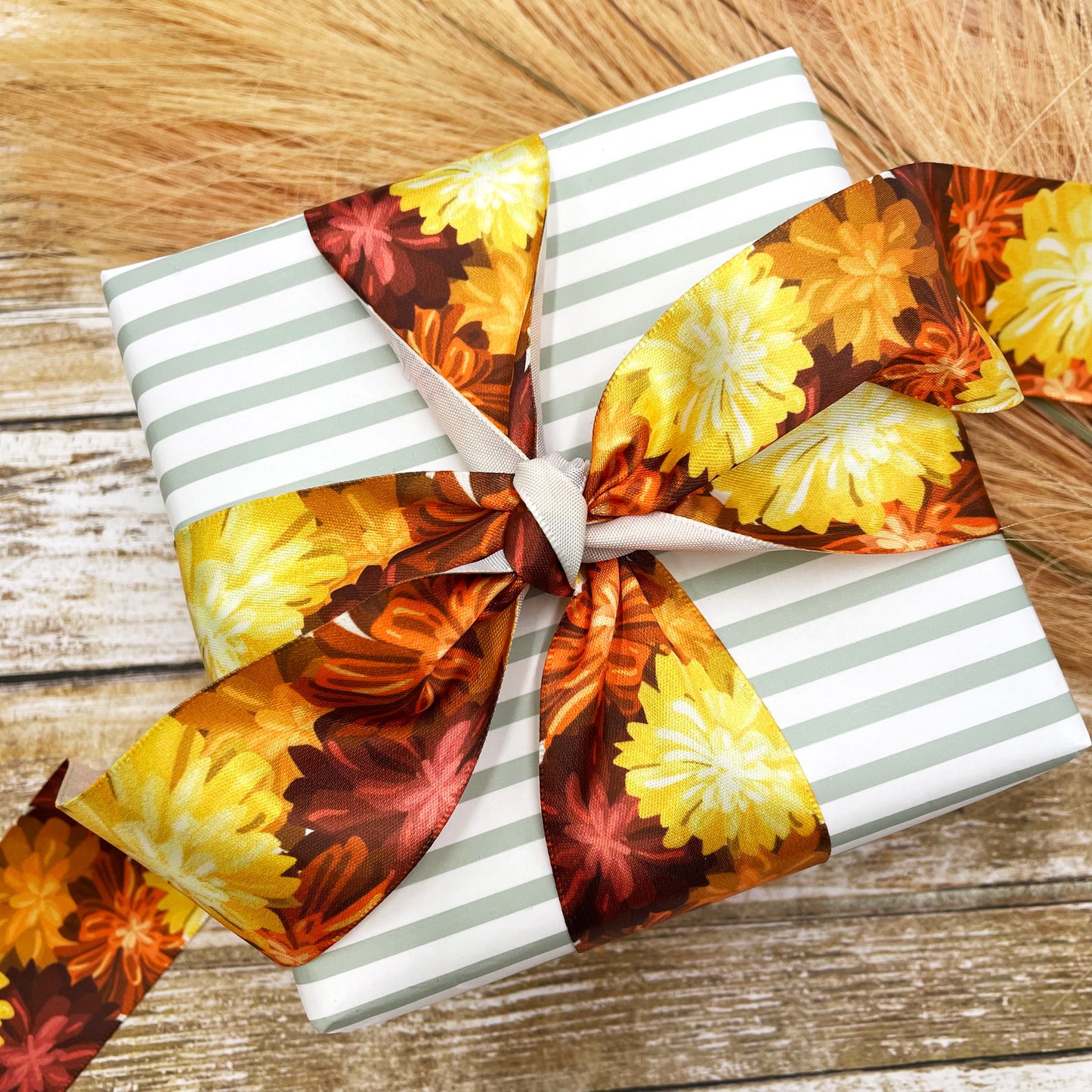 Fall Floral ribbon Mum blossoms for Fall decor and Thanksgiving printed on 7/8" and 1.5" white satin