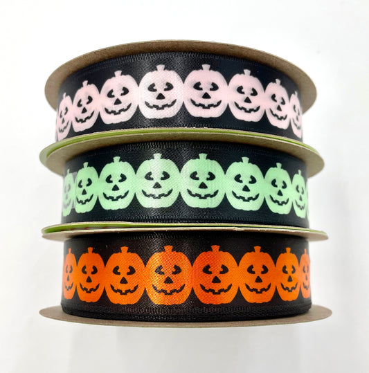 Pumpkin garland ribbon Halloween in orange, pink and mint green on a black background printed on 7/8"  satin