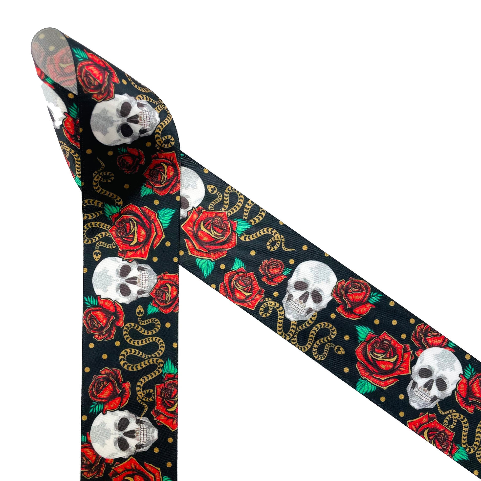 Gothic skulls and gold snakes with red roses on a black background with gold dots printed on 1.5" white is a classically artful design perfect for Gothic themed parties and events. This is a great ribbon for costumes, hair bows,  hat bands, fascinators, sewing and quilting projects. Use this ribbon for gift wrap, gift baskets, party favors, cookies, cake pops and candy.  All our ribbon is designed and printed in the USA