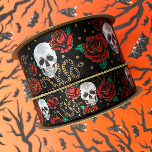 Gothic ribbon skulls, snakes and roses , Goth design, printed on 7/8" and  1.5" white single face satin