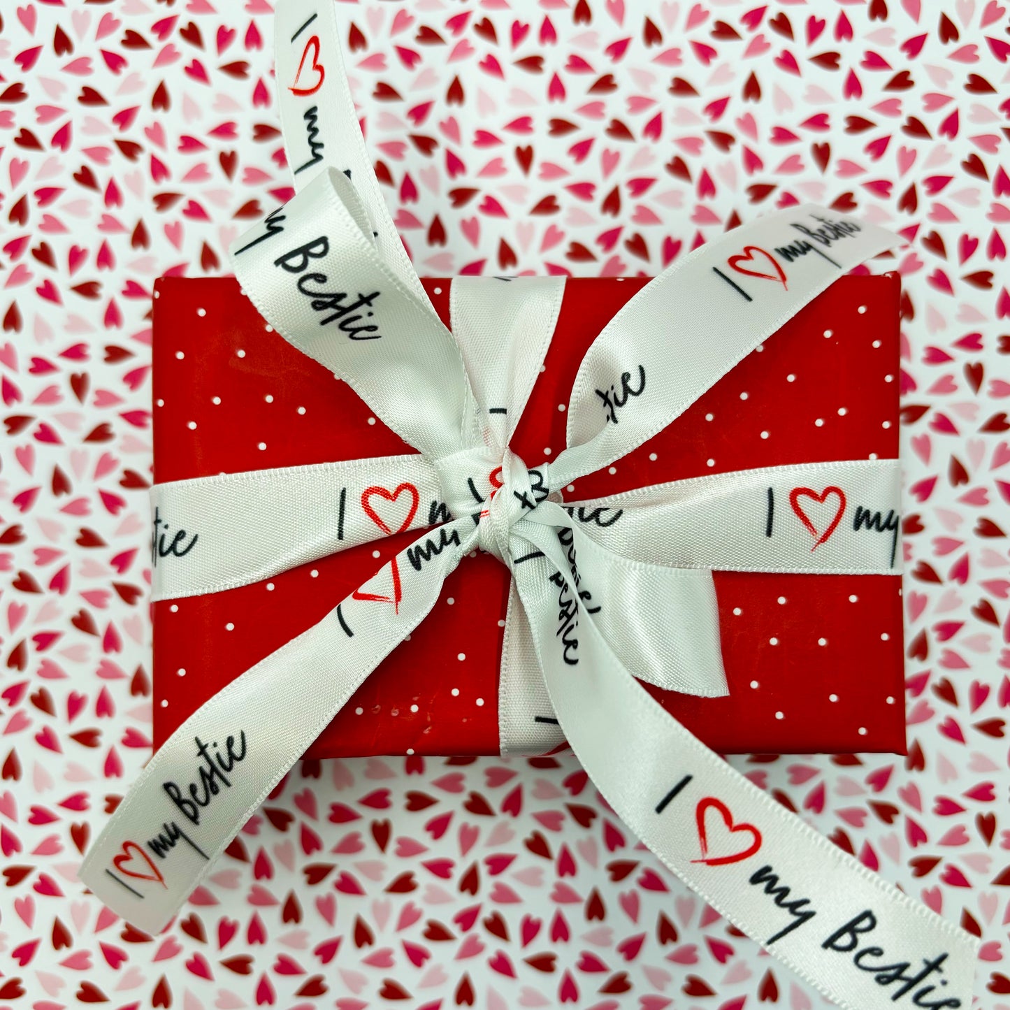 Valentine Besties Ribbon I (Heart) my Bestie with a red heart and black font printed on 5/8" white satin