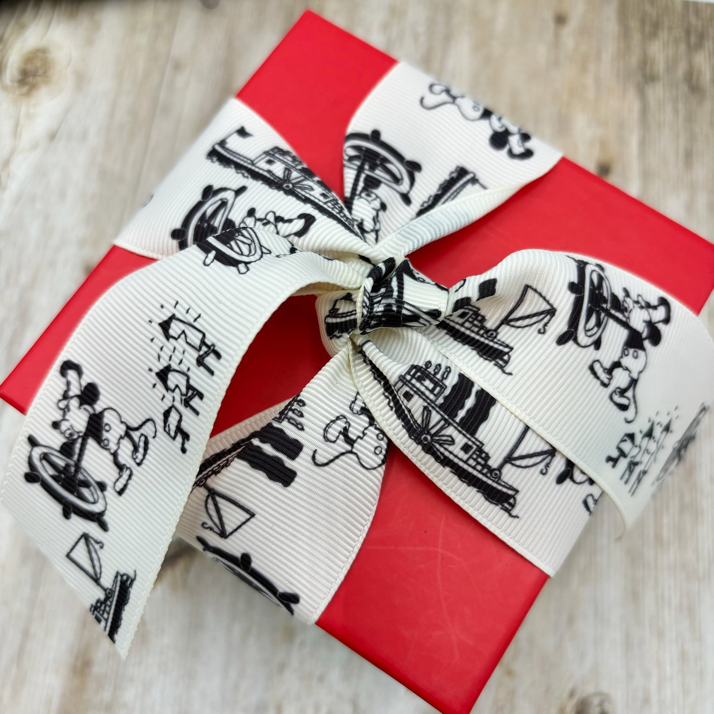 Vintage Mickey Ribbon Steamboat Willie in blace  on 1.5" antique white satin and grosgrain