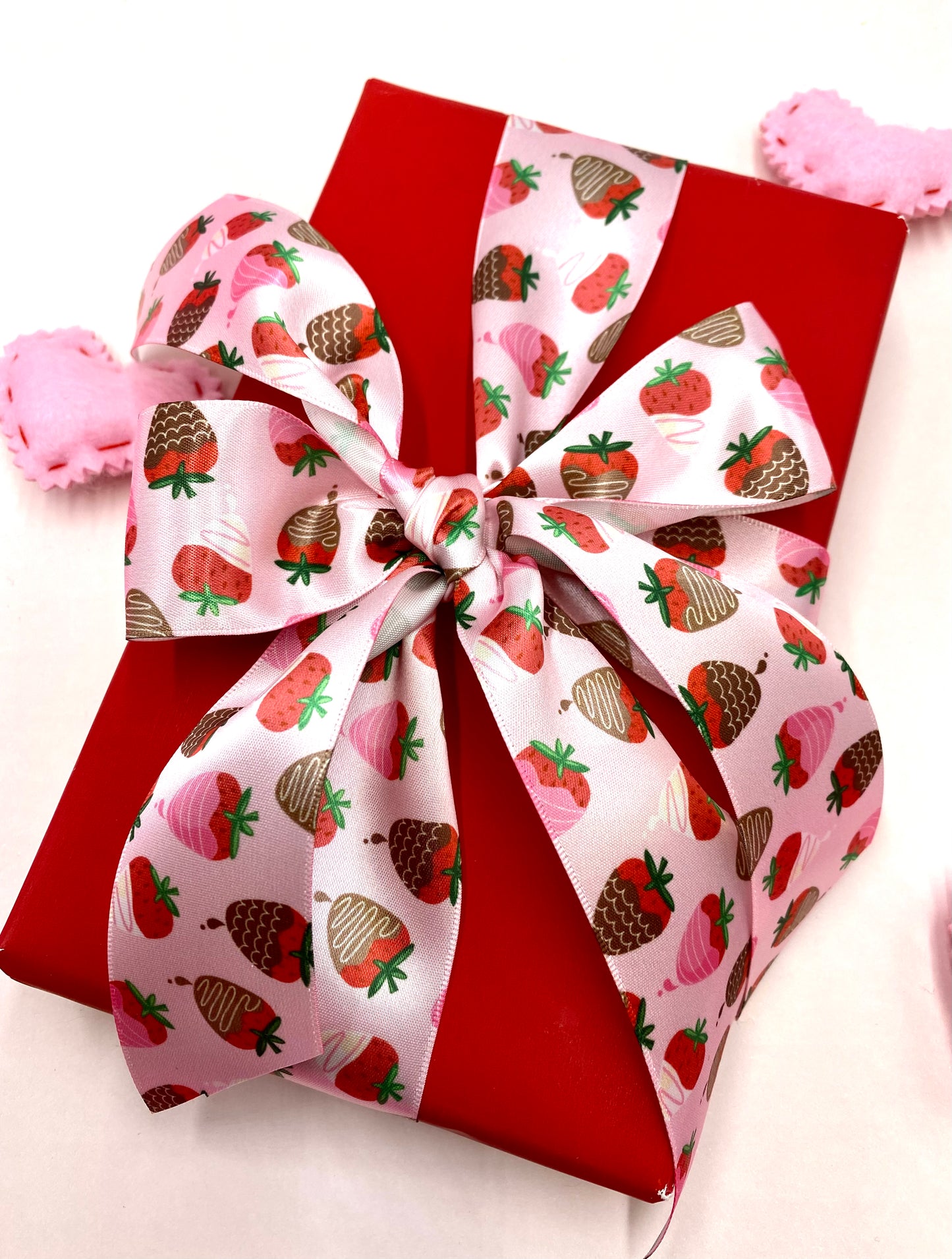 Valentine ribbon Chocolate covered strawberries printed on 1.5" light pink single face satin