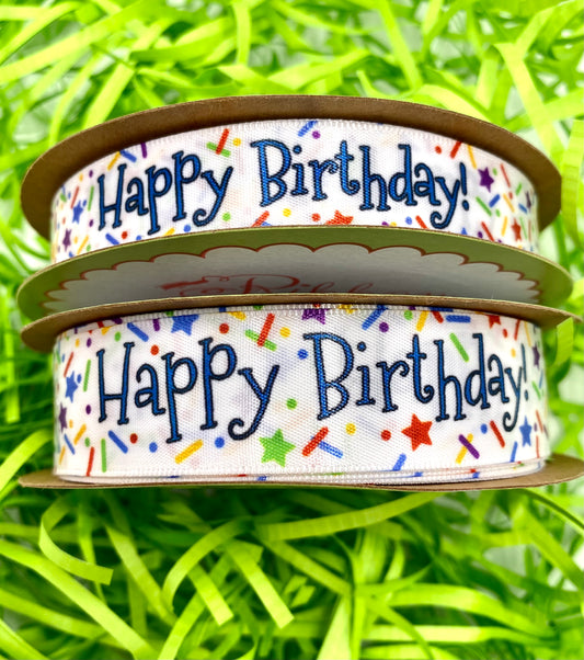 Happy Birthday ribbon with sprinkles and stars confetti in primary colors printed on 5/8" and 7/8" white satin