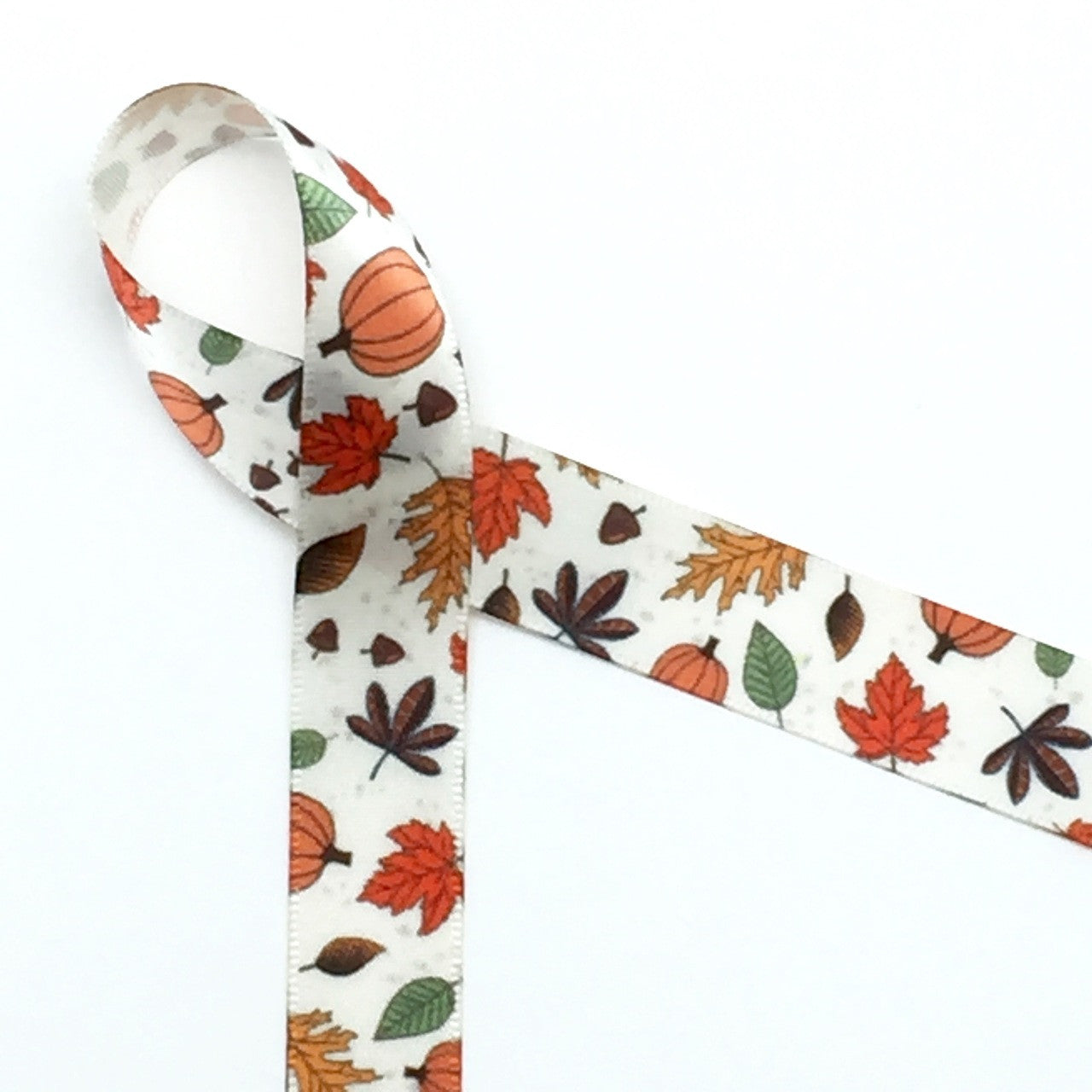 Fall leaves and pumpkins on 5/8" Antique white single face satin ribbon, 10 yards