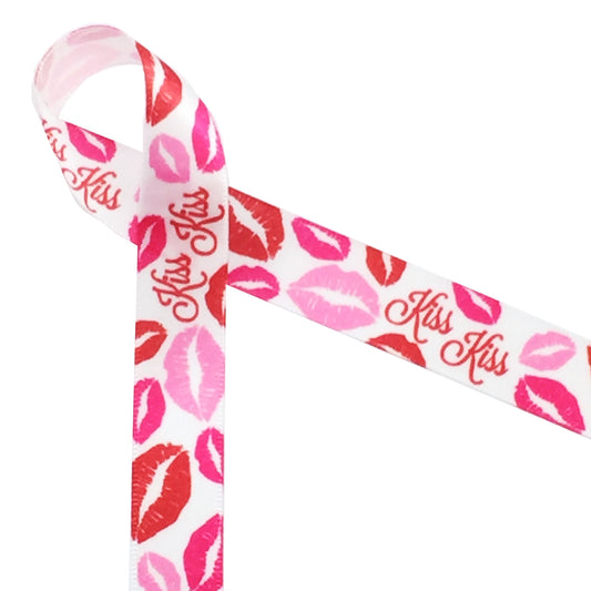 Kiss Kiss! Red and pink lips on 5/8" white single face satin ribbon makes for a playful Valentine expression! Designed and printed in the USA