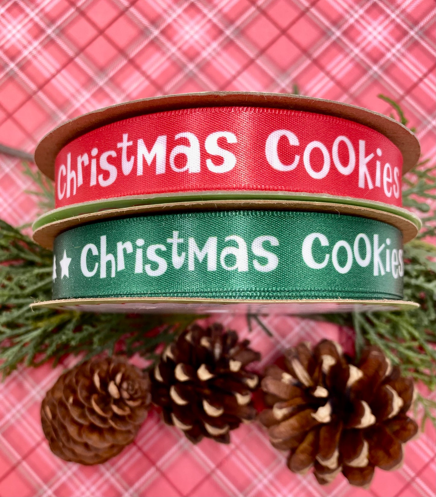Christmas Cookies Ribbon in white with a Red or Green background on White 5/8" single face Satin