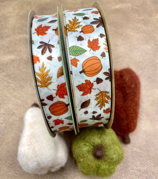 Fall leaves ribbon with Pumpkins printed on 5/8"  and 7/8" Antique white Single Face Satin Ribbon