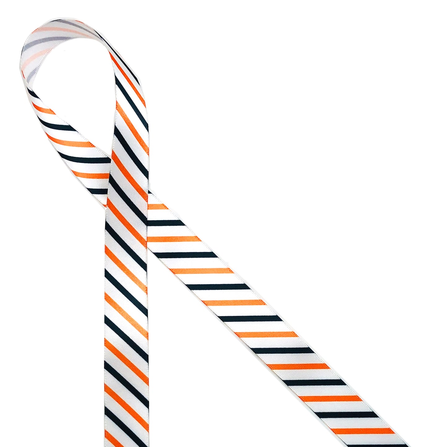 Halloween striped ribbon in orange, black and white printed on 5/8", 7/8" and 1.5" white single face satin