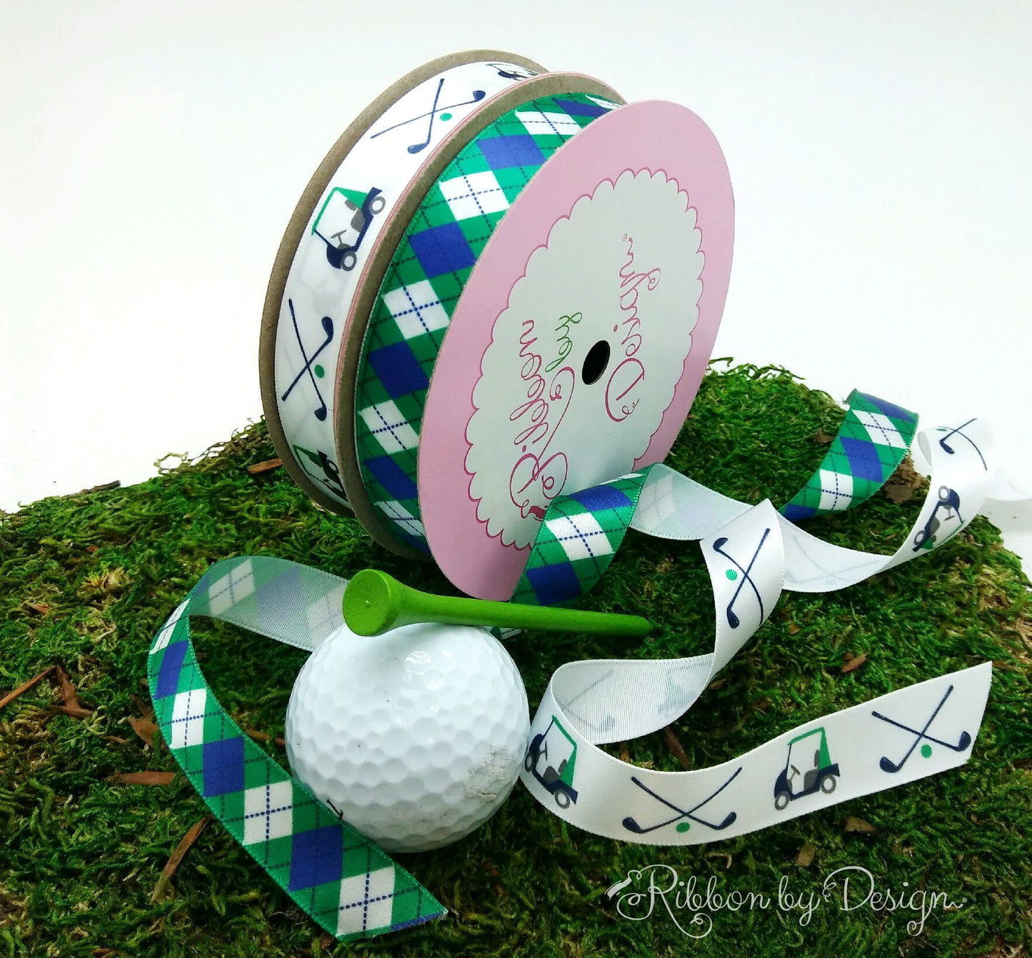 Golf theme ribbon with carts and clubs in Green and Blue printed on 5/8" white single face satin