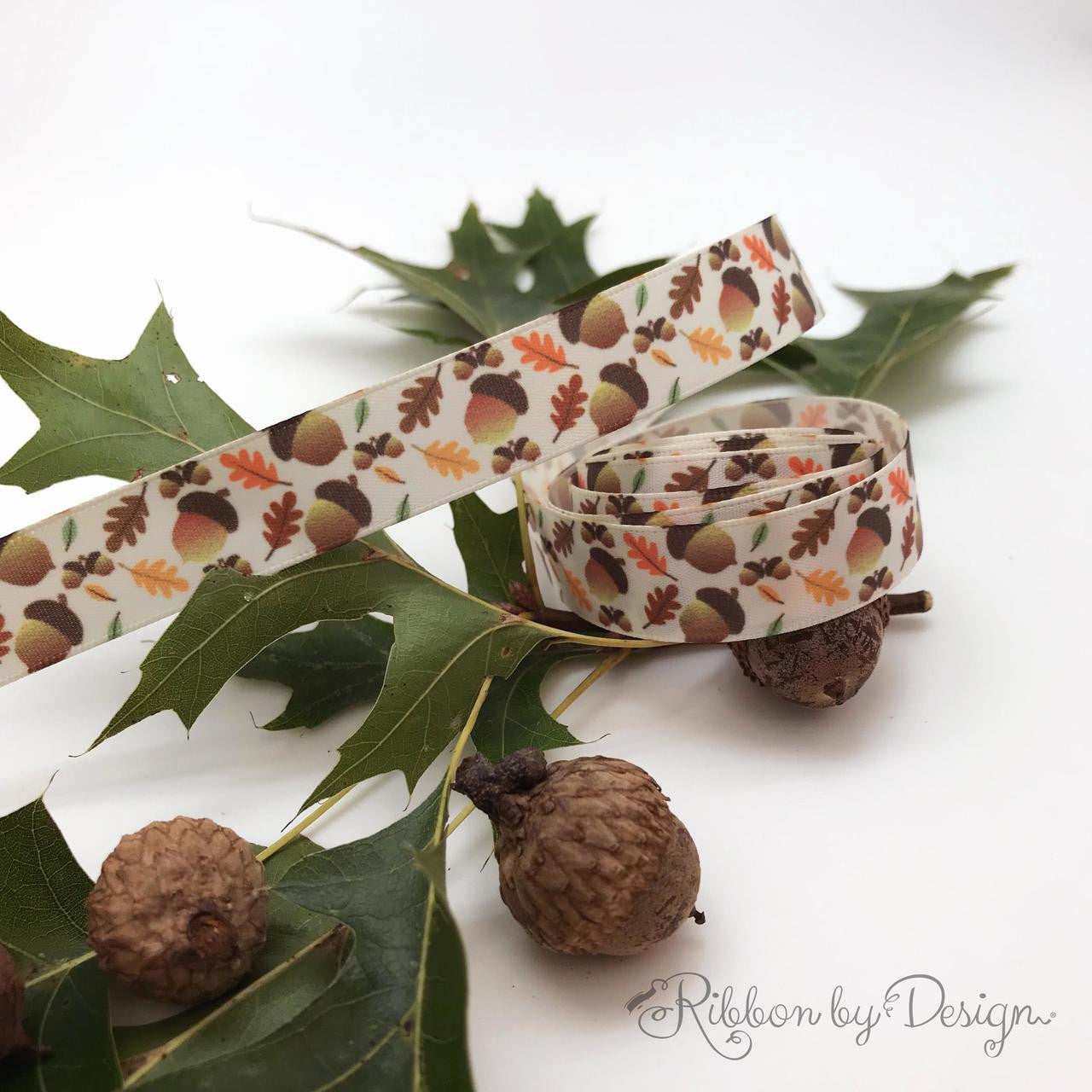 Acorns with Oak Leaves ribbon printed on 5/8" antique white single face satin