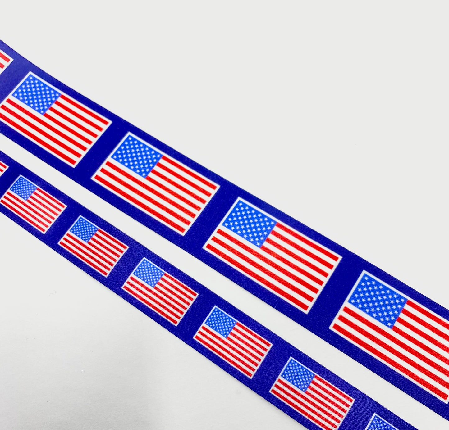 American Flag Ribbon celebrating the Stars and Stripes for 4th of July printed on 1.5" white satin