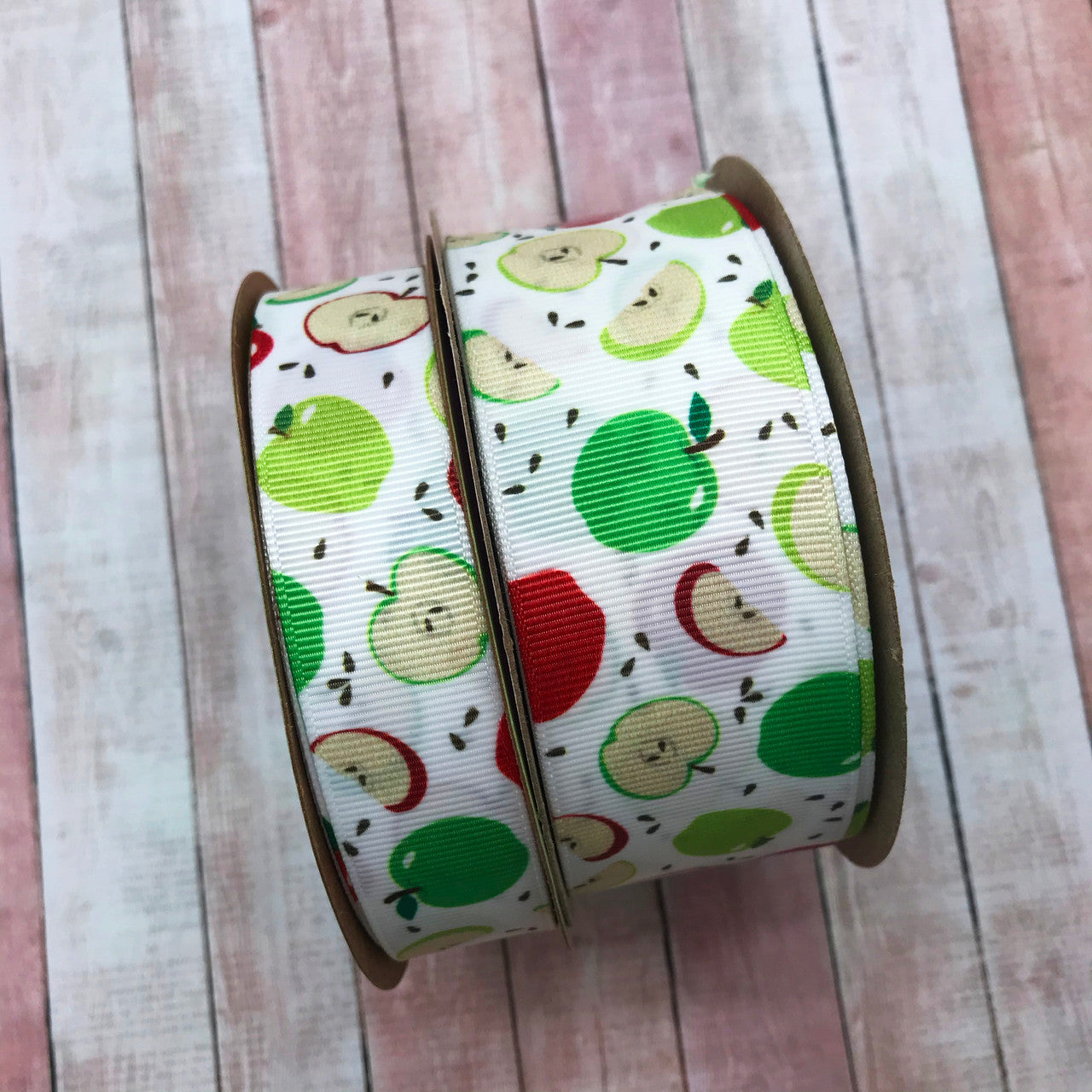 Apples in red and green with seeds and slices printed on 7/8 white grosgrain  ribbon, 10 yards