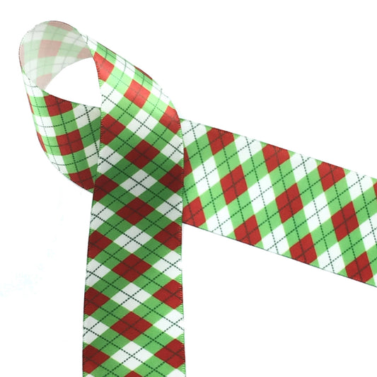 Christmas argyle in red and green on 1.5" white single face satin ribbon, 10 Yards