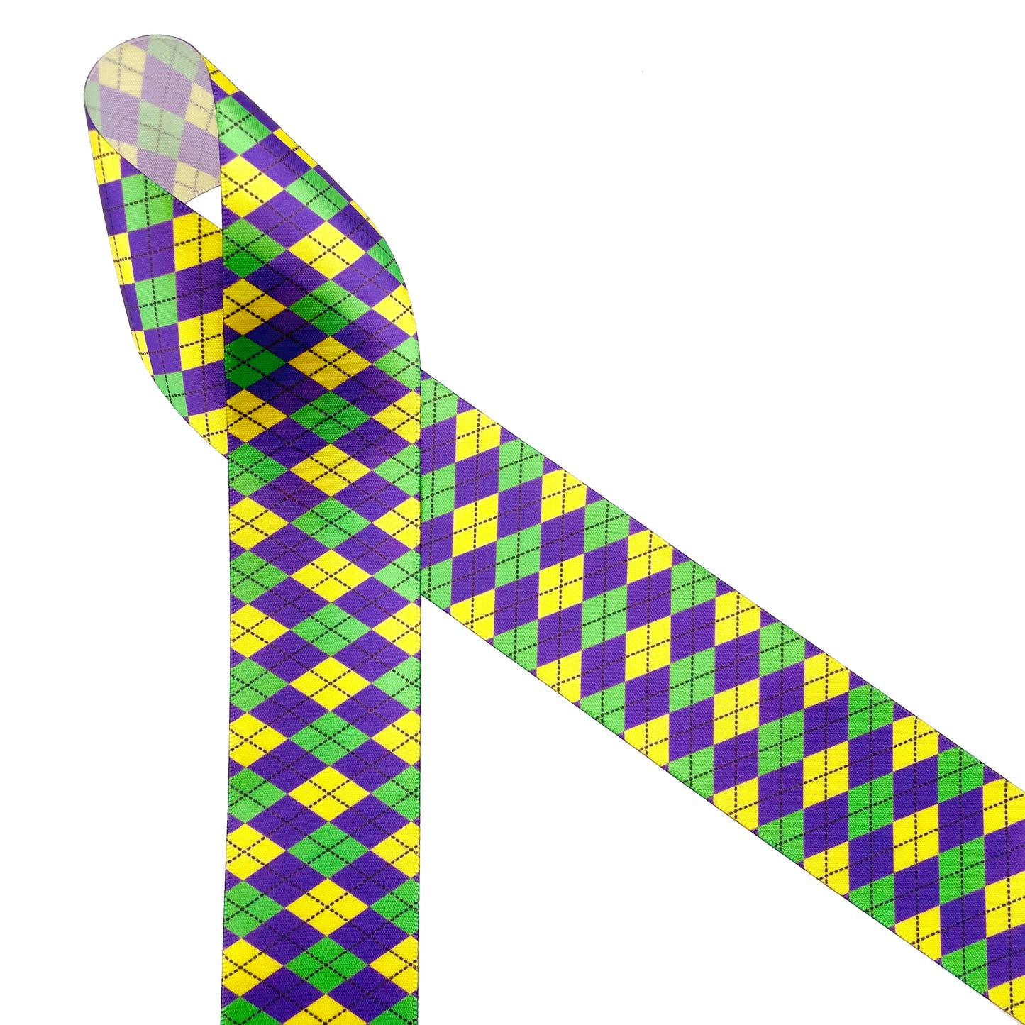 Mardi Gras argyle ribbon in purple green and yellow printed on 1.5" white single face satin and grosgrain