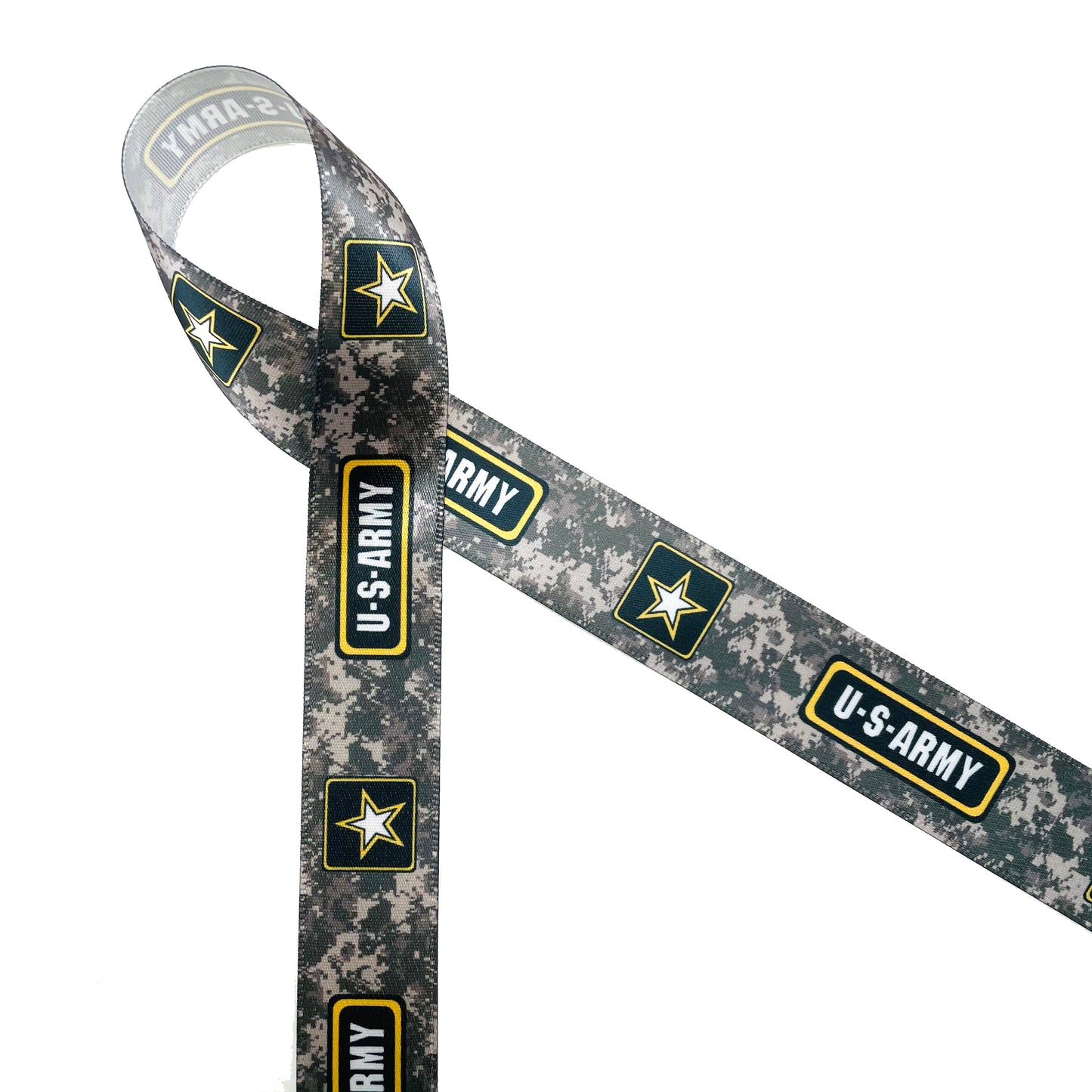 Army Logo Ribbon on Camouflage Background 5/8" and 7/8' Single Face Satin,