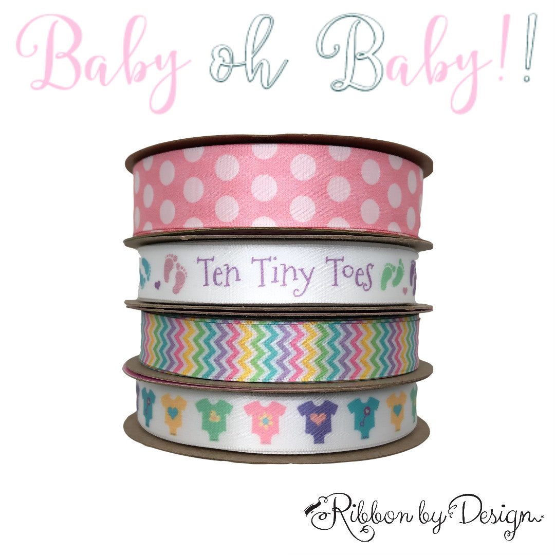 Our pastel micro mini chevron ribbon mixes perfectly with our baby ribbons! Be sure to have this on hand for all your baby shower and gift giving occasions.