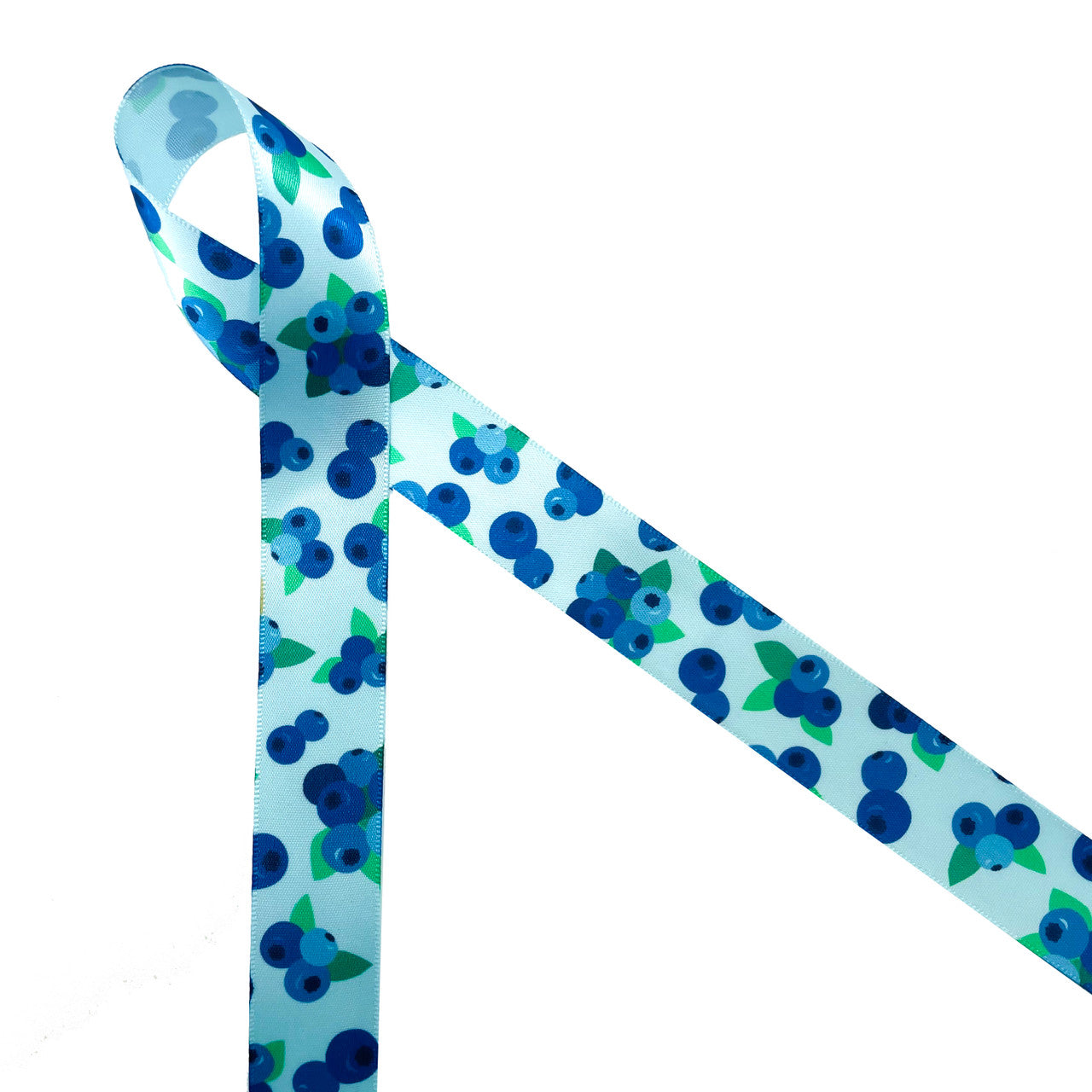 Blueberries ribbon Ripe dark blue blueberries large and small with green leaves printed on 5/8" and 7/8" light blue satin