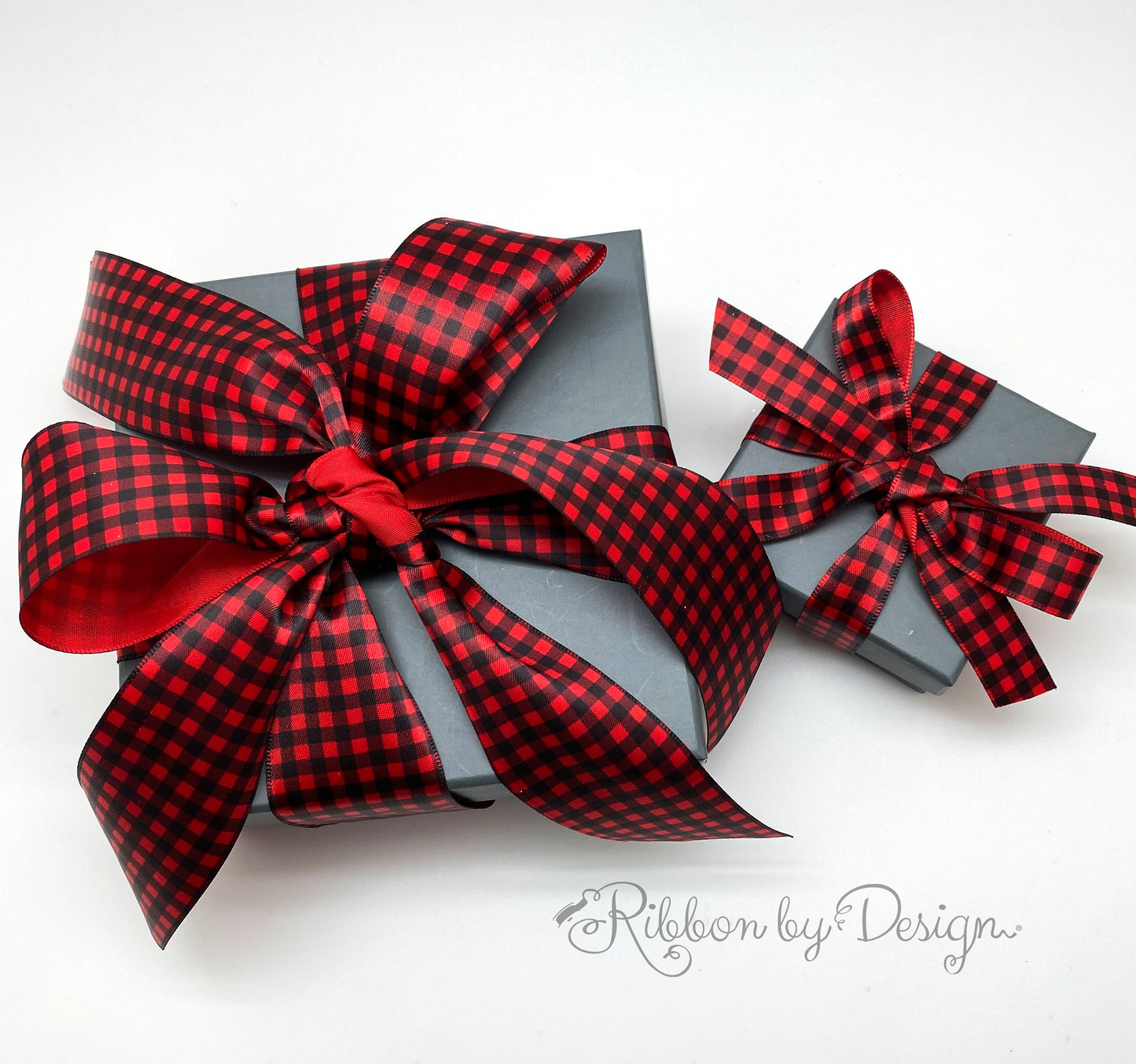 Buffalo Plaid Ribbon in Black and Red on 5/8" 7/8" and 1.5" printed on Red Single Face Satin