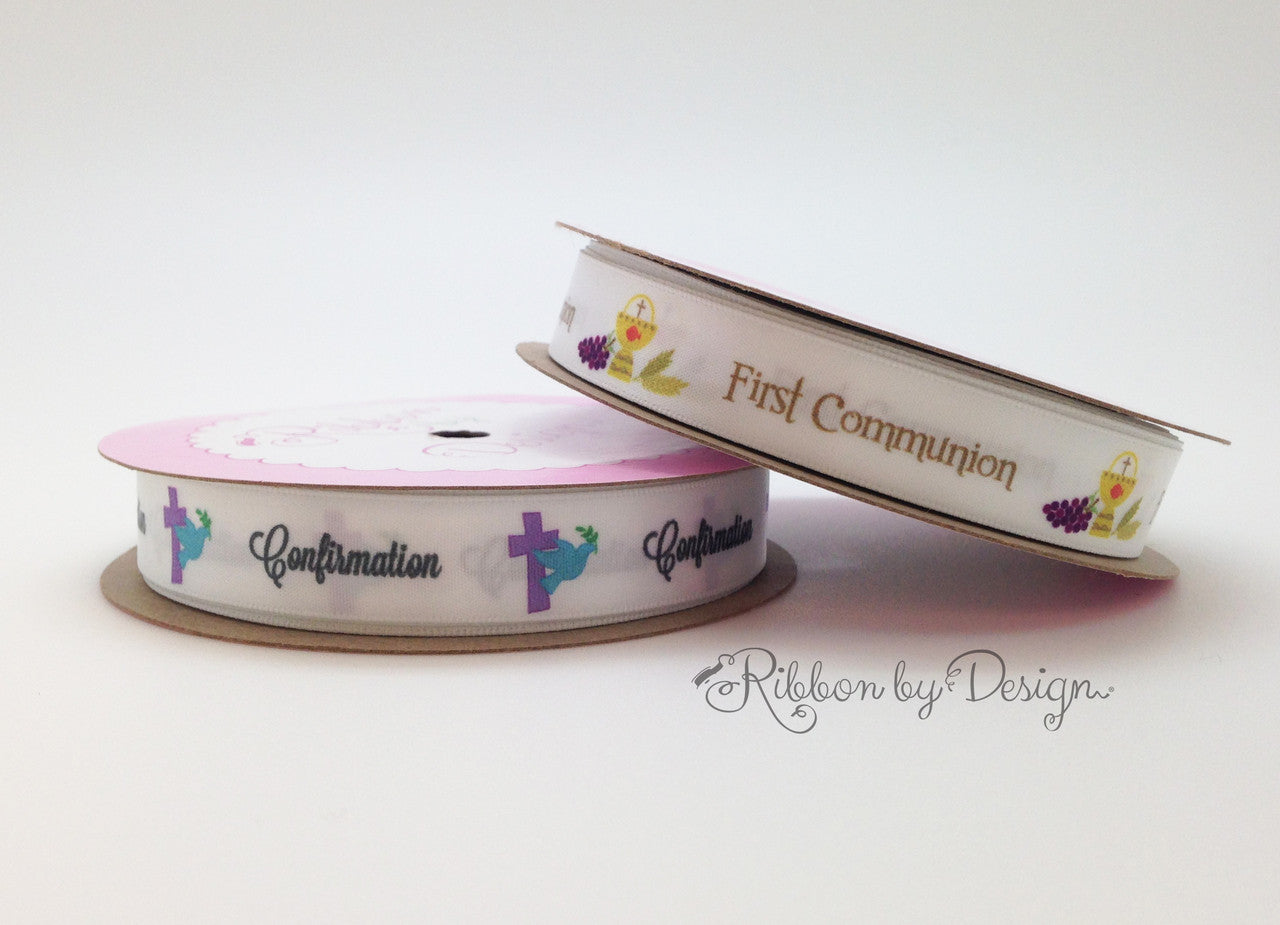 First Communion Ribbon with Chalice, Grapes and Host on 5/8" White Single Face Satin