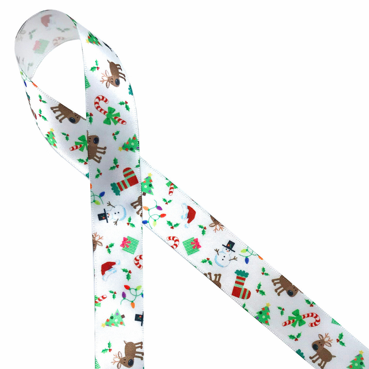 Christmas elements ribbon on  printed on 5/8"  and 7/8"  White Single Face Satin