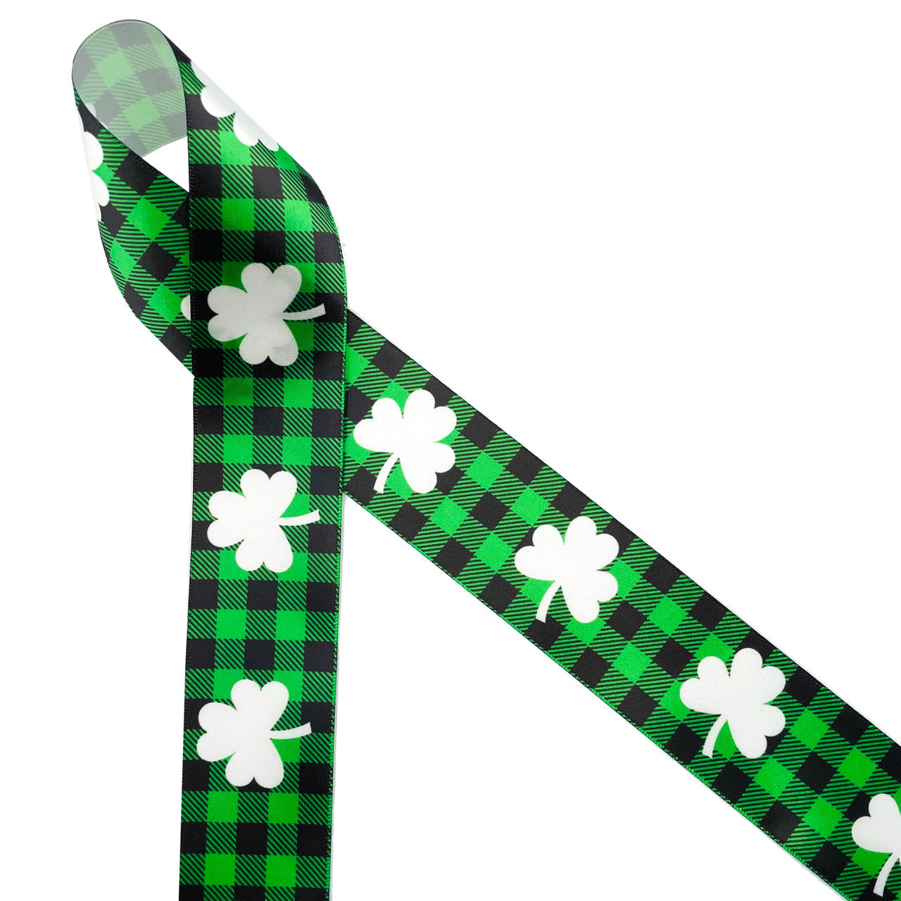 St Patrick's Day Ribbon white clover on green and black buffalo plaid background printed on 1.5" white grosgrain  and satin
