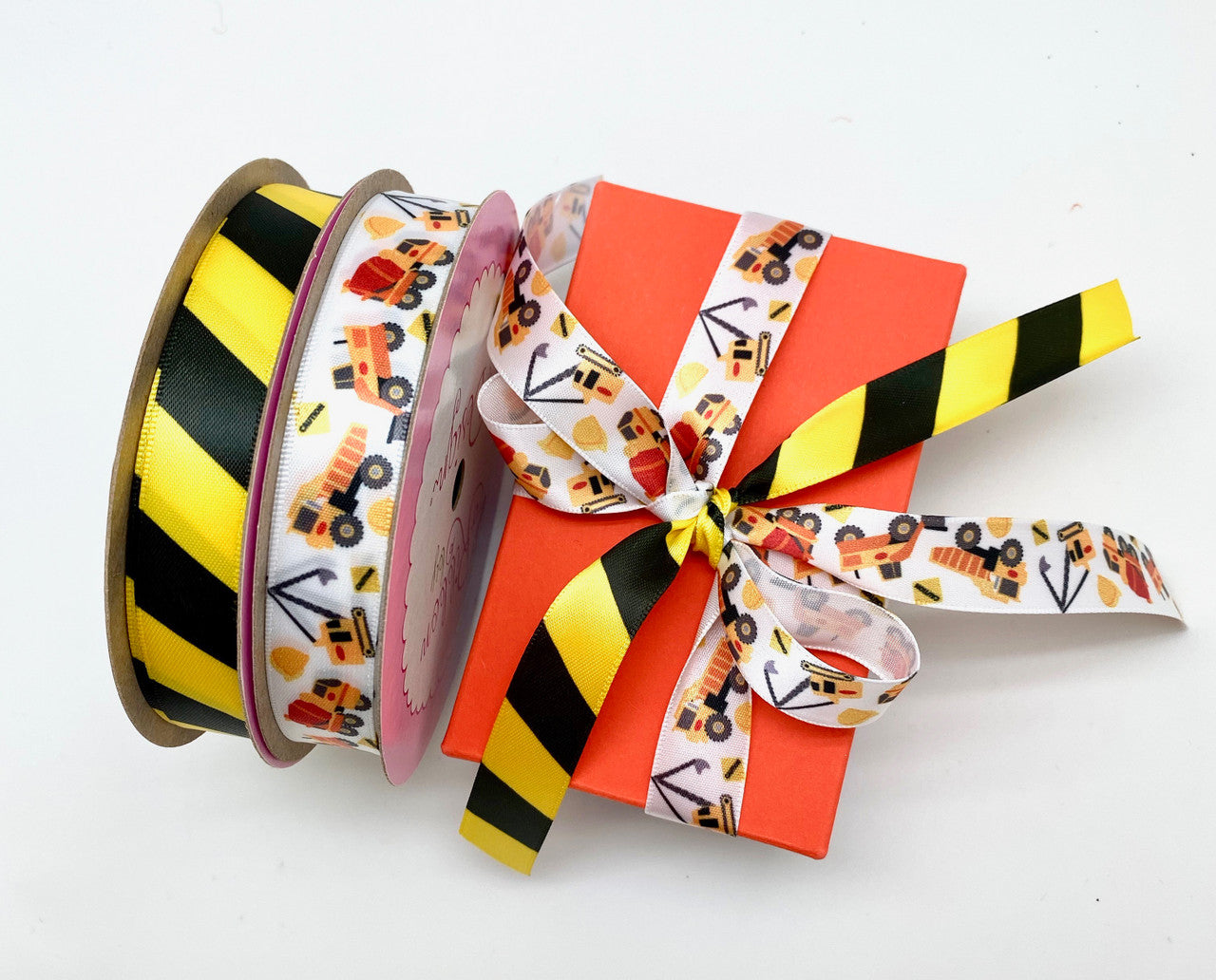 Caution Tape ribbon diagonal black stripes printed on 5/8" 7/8" and 1.5" bright yellow single face satin