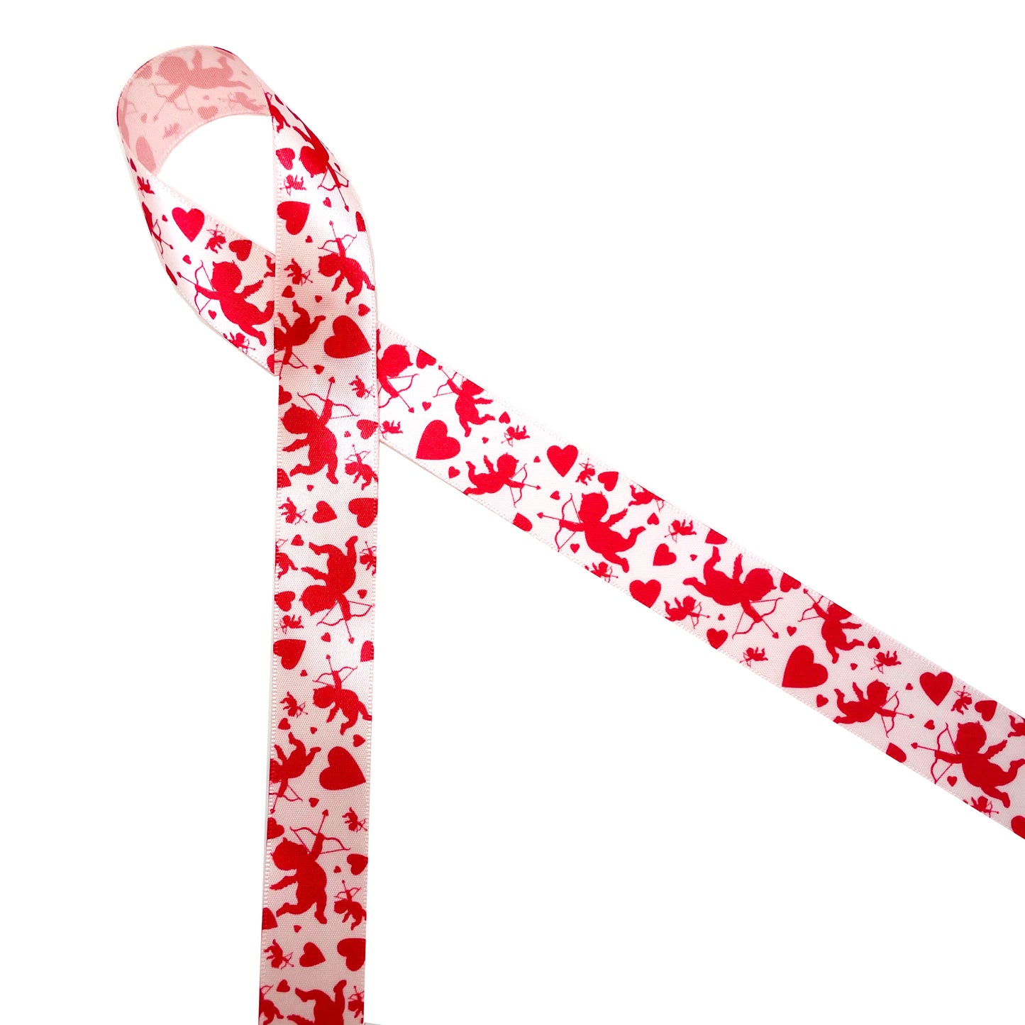 Valentine ribbon cupid ribbon, cupid, hearts and arrows in red printed on 5/8", 7/8" and 1.5" pink satin