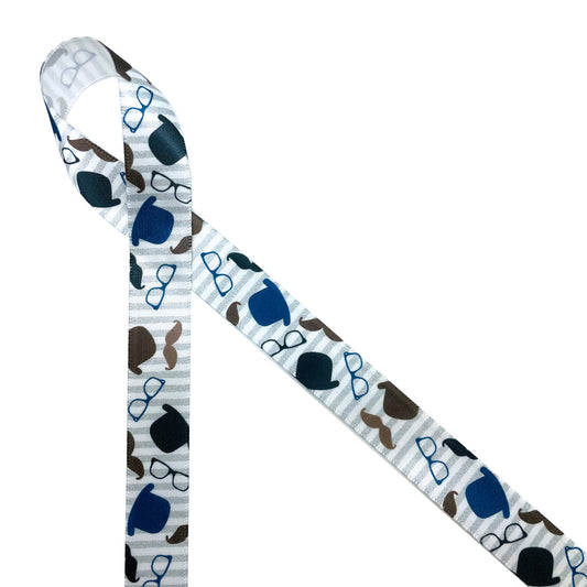 Dapper Dudes will love this fun ribbon with bowler hats, moustaches and eyeglasses tossed on a blue and white striped background.