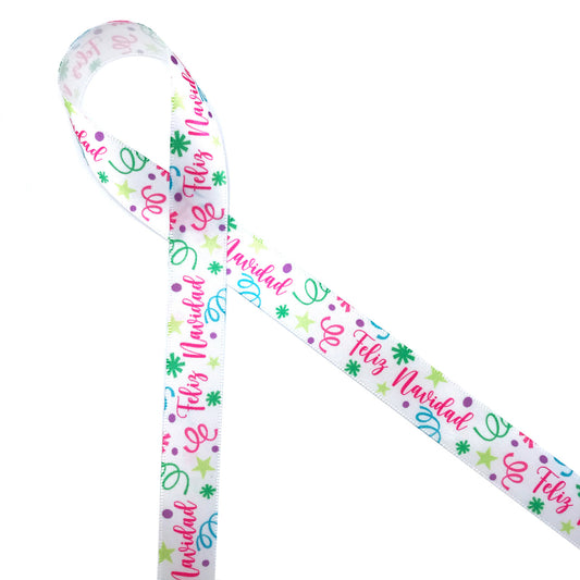 Feliz Navidad is Spanish for Merry Christmas! Our Feliz Navidad ribbon is sprinkled with colorful confetti and streamers in pink, lime green, turquoise and purple on 5/8" white single face satin. This fun, warm festive ribbon is perfect for party favors, gift wrap, table decor, wreaths and tree trim. Be sure to have this fun ribbon on hand for your Holiday decor! Our ribbon is designed and printed in the USA