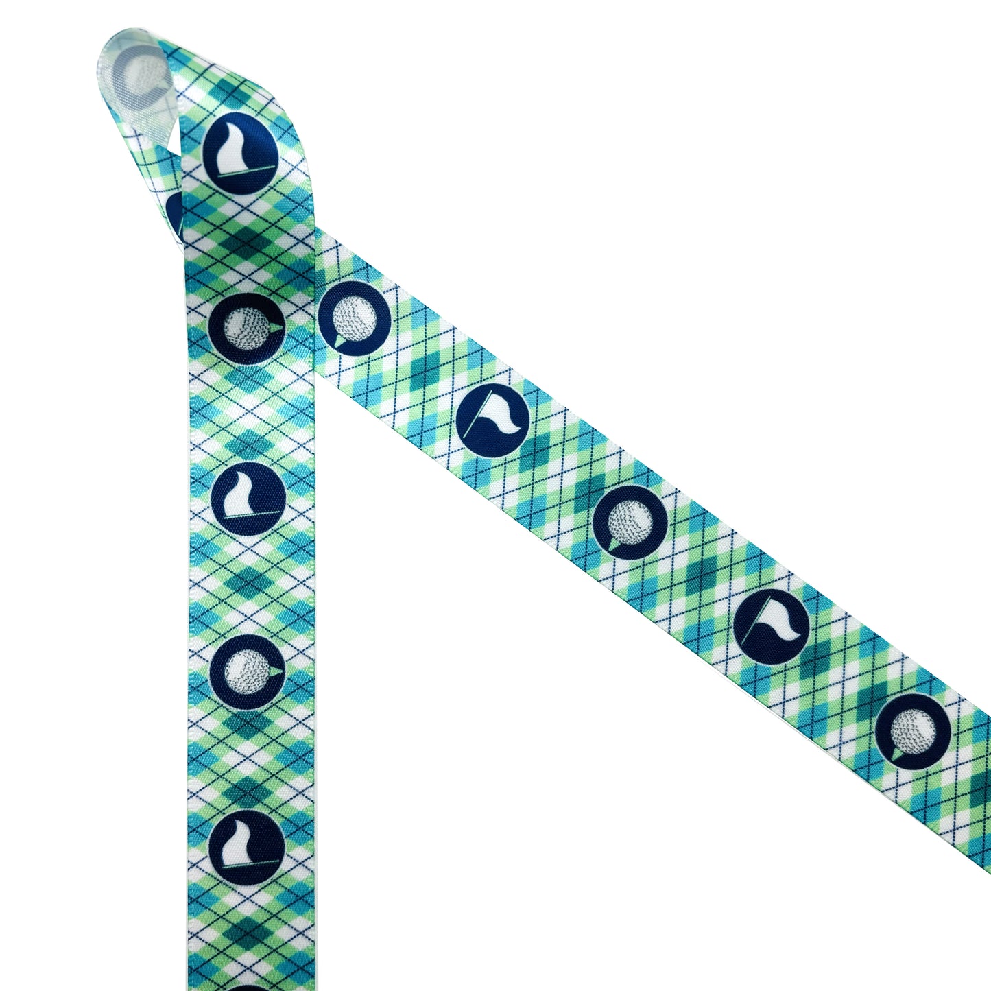 Golf ribbon golf balls and tees and golf flags in an argyle background in pink or blue printed on 7/8" white satin