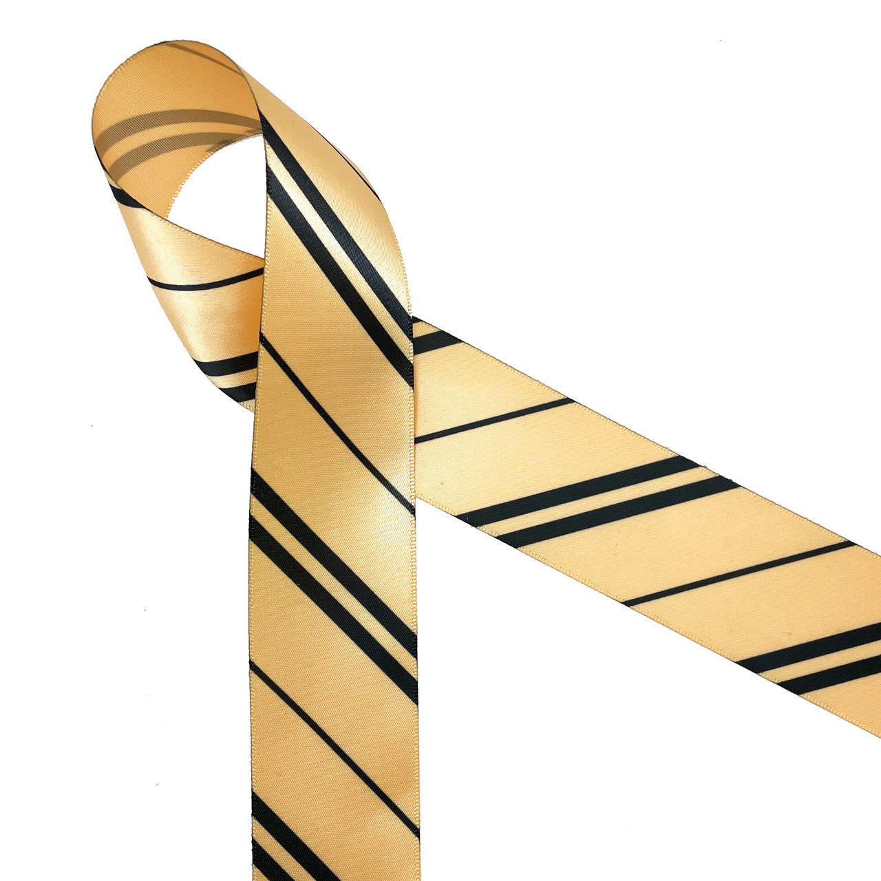 Wide and narrow stripes of gold and black printed on 7/8 gold single face satin  ribbon, 10 yards