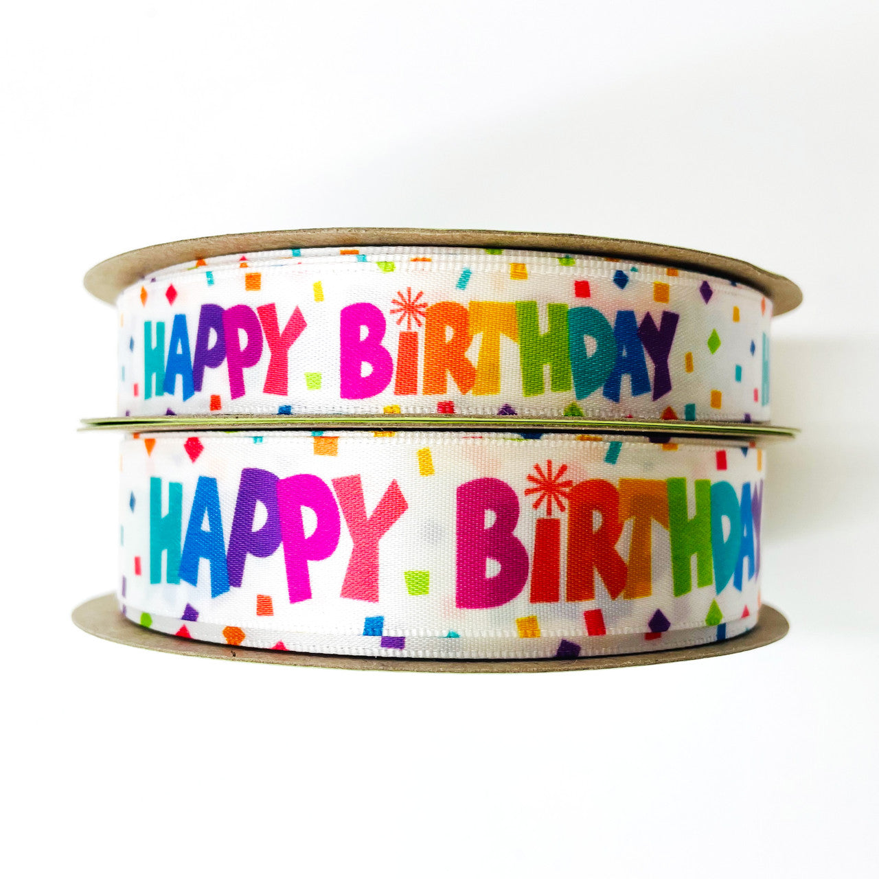 Happy Birthday with sprinkles in primary colors printed in 7/8 white  grosgrain ribbon, 10 yards