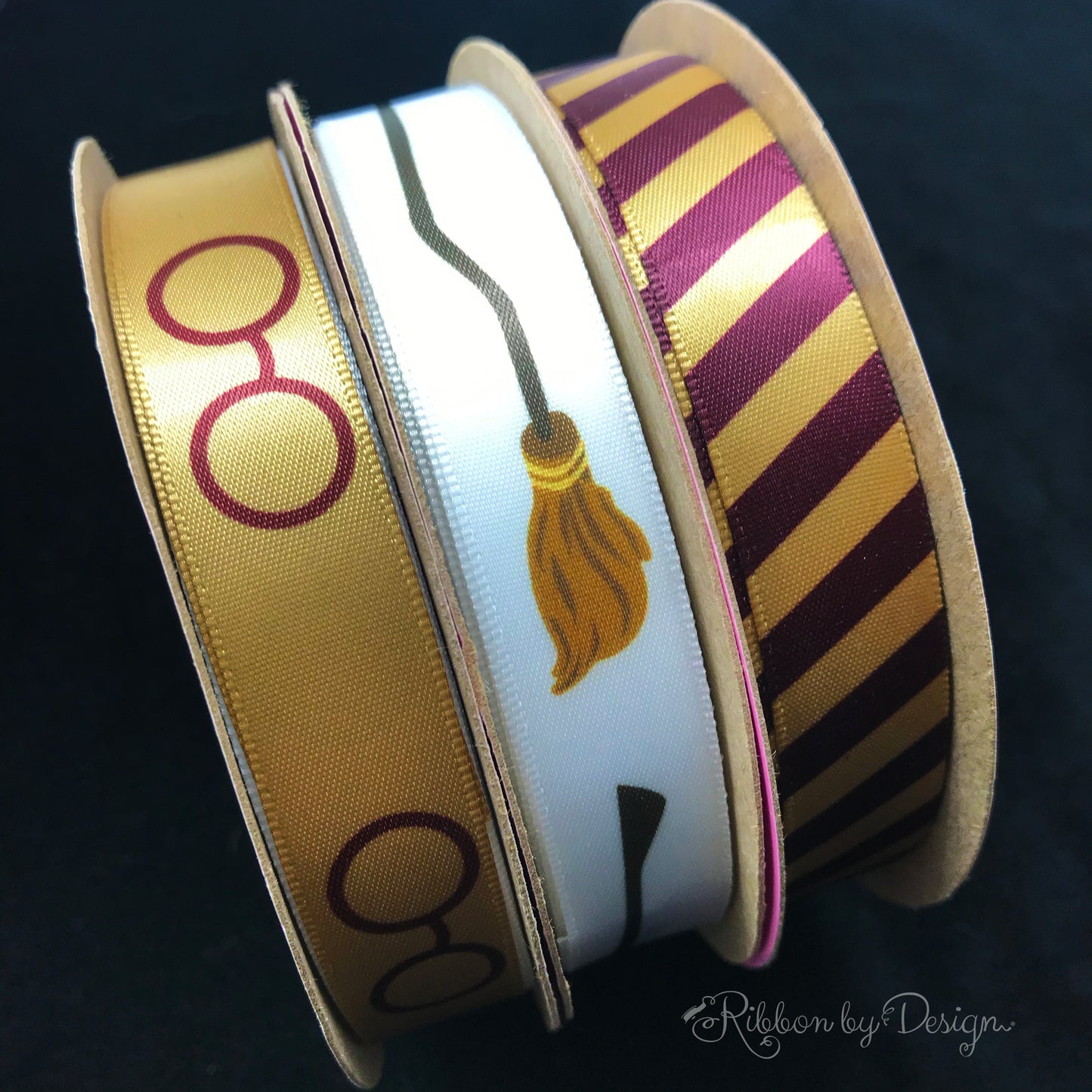 Wizard stripes ribbon in Burgundy and Gold printed on 5/8" Dijon gold satin