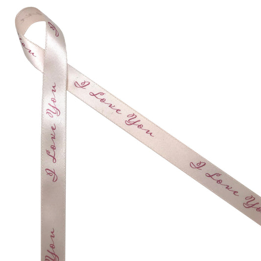 I Love You is the perfect expression of love and care for Valentine's Day or any day!  I Love You printed in rose gold printed on 5/8" antique white single face satin ribbon is the perfect addition to special loving gifts for engagements, weddings, and of course Valentine's Day. All our ribbon is designed and printed in the USA