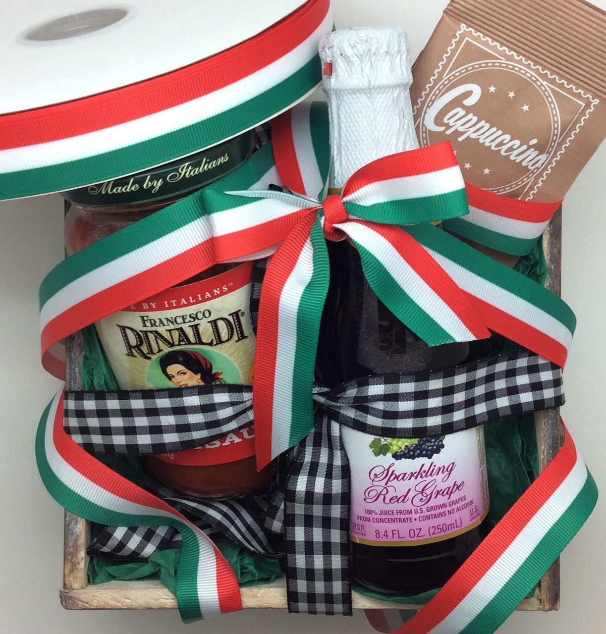 Preparing a gift basket with an Italian theme? Our Italian flag stripe ribbon printed on 7/8" white grosgrain is the perfect touch for the bow!