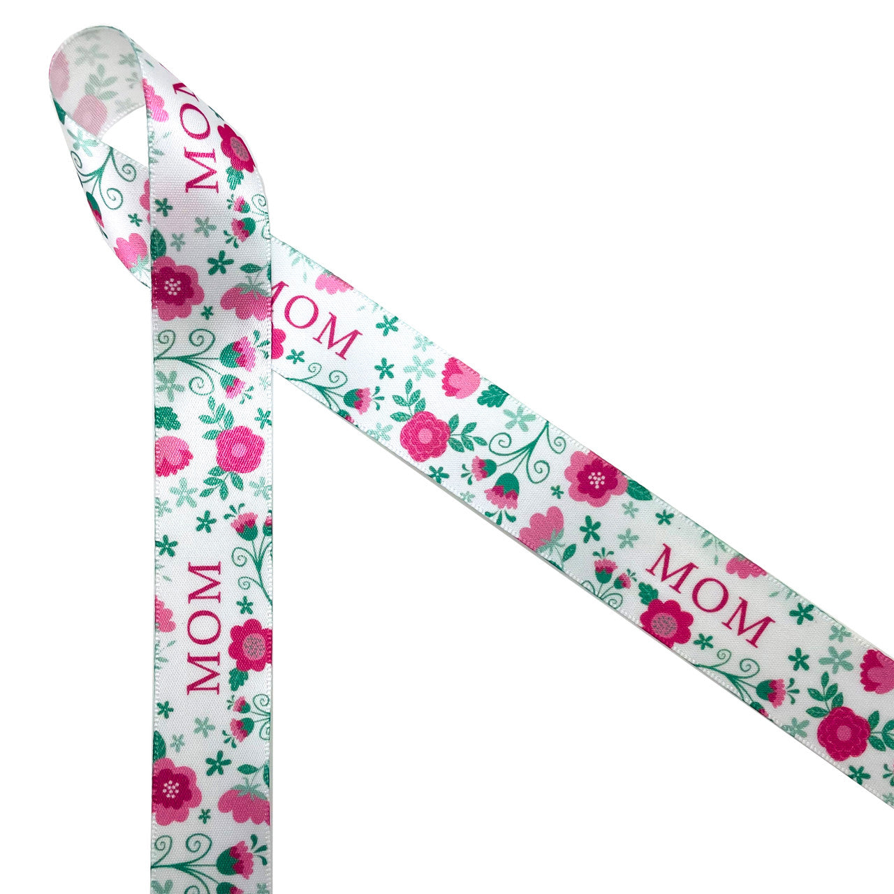 Mother's Day Mom ribbon in pink lettering with a pink, rose gold and sage  floral design printed on 7/8 white single face satin, 10 yards