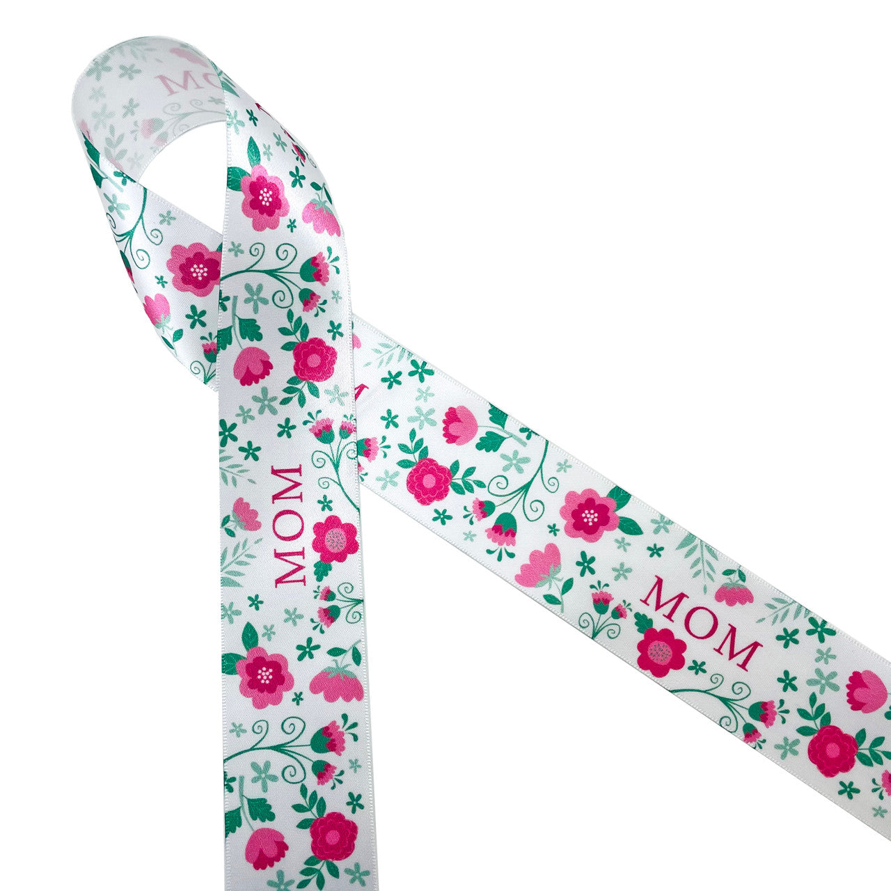 Mother's Day Mom ribbon in pink lettering with a pink, rose gold and sage  floral design printed on 1.5 white single face satin, 10 yards